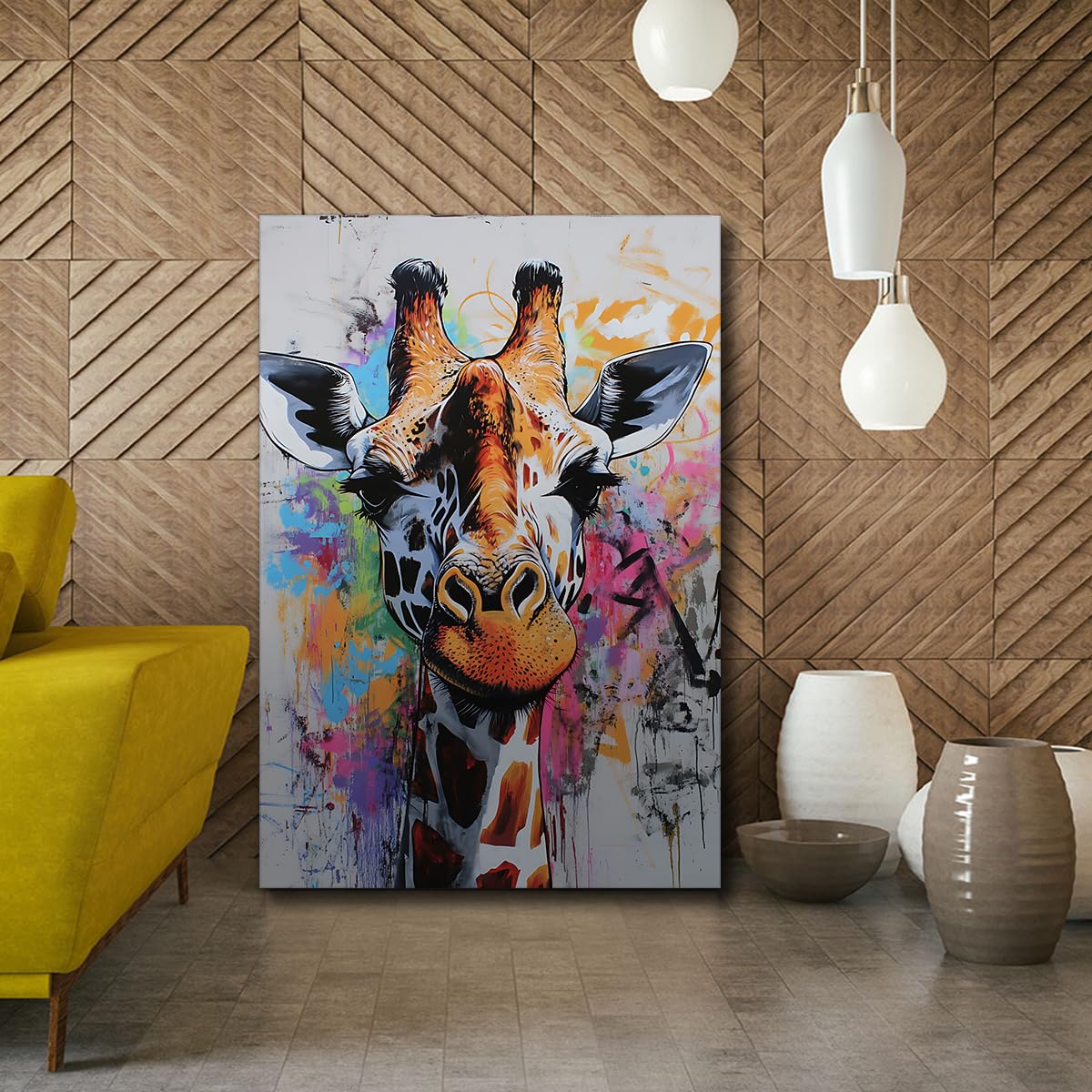 CHERHERART Obraz ścienny na płótnie głowa żyrafy portret dekoracyjny do sypialni pop kolorowe zwierzę druk na płótnie do salonu sypialni biura 60 x 90 cm rama wewnętrzna