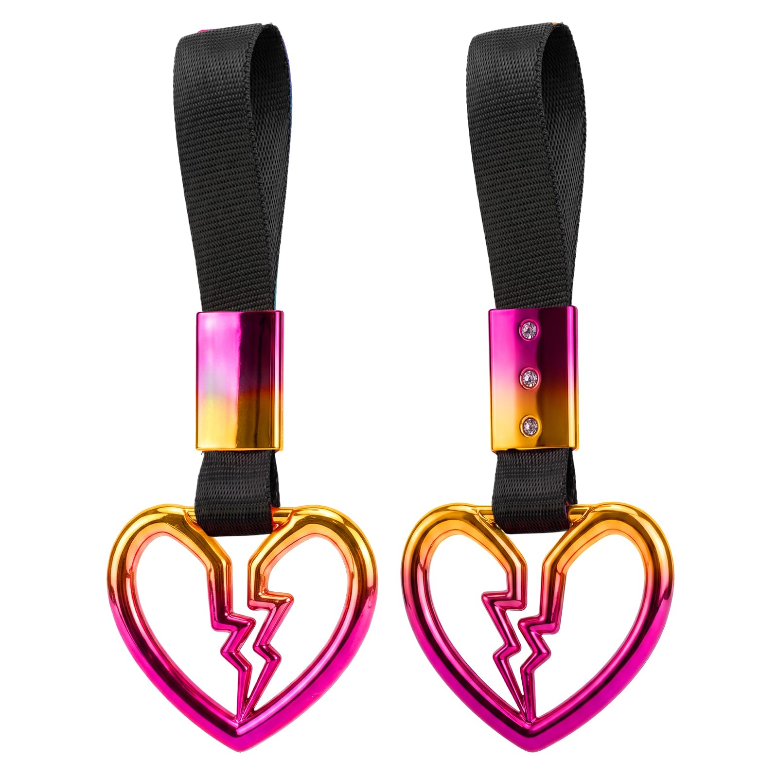 2PCS Heart Shaped Car Handle Straps, Rear Bumper Warning Keychain Ring for Car Exterior Accessories (Chrome Rainbow Broken Heart - Black)