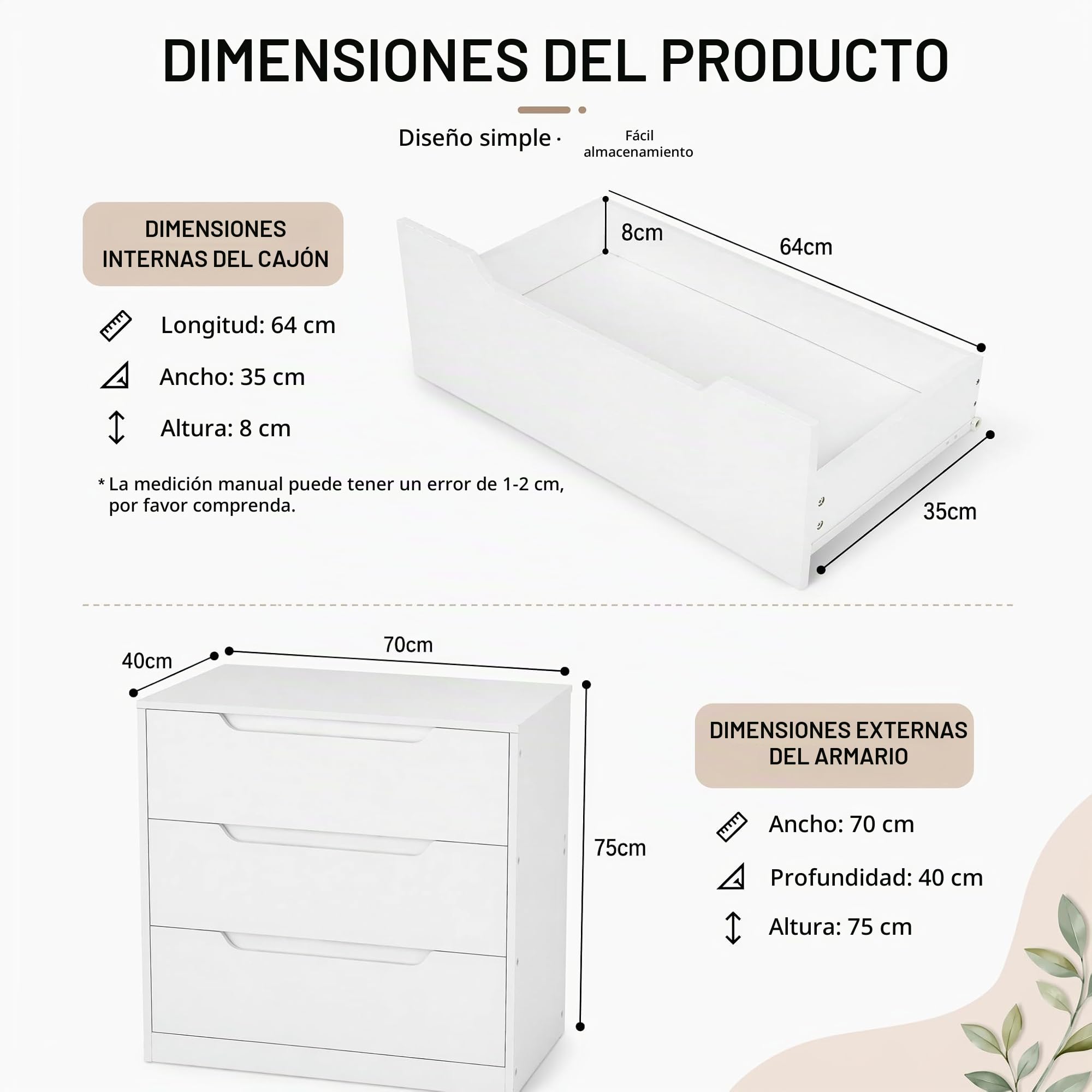 Cómodas de 3 cajones, MDF melamina Doble Cara Blanca 70x40x75 cm, Mueble Almacenamiento multifunción con Kit antivuelco para Dormitorio, Cocina, salón y recibidor, Blanco
