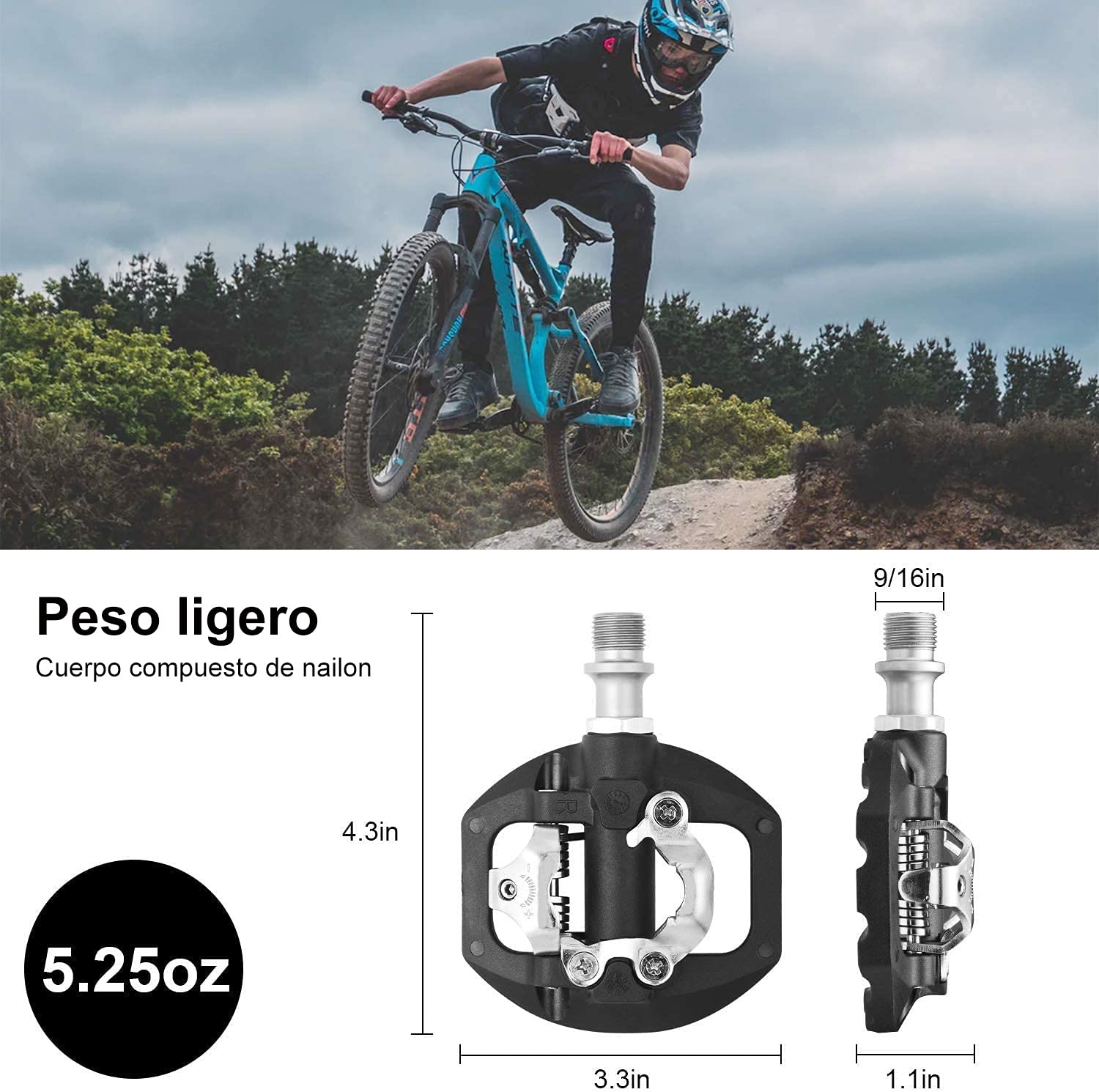 Pedales Mixtos MTB compatibles con Shimano SPD automáticos - Pedales Bicicleta con Calas, 3 Rodamientos Sellados, Ligera Aleación de Aluminio, para Montaña Carretera BMX, Eje 9/16"