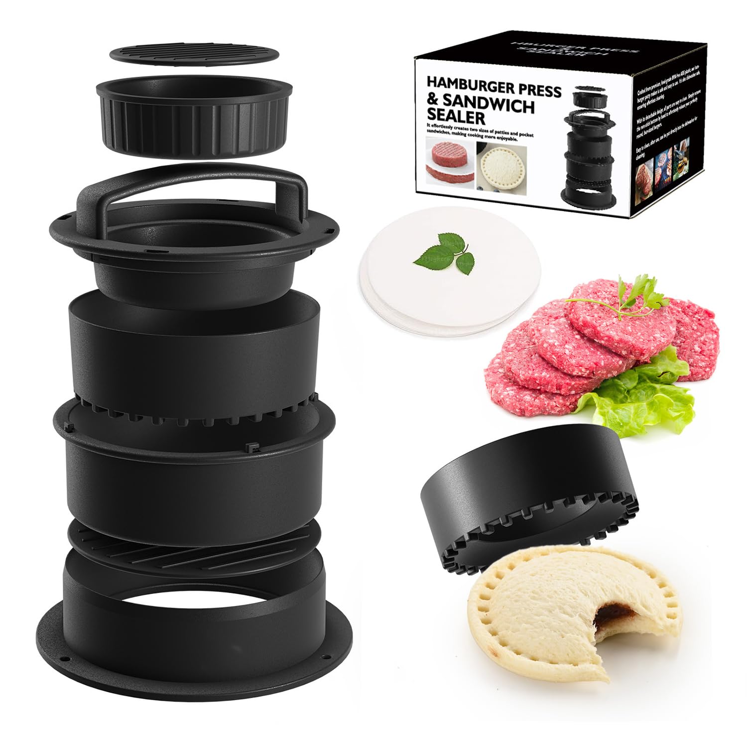 4 in 1 Burger Press, Hamburger Press & Sandwich Cutter and Sealer Set With 100Pcs Wax Paper, Non-Stick Patty Makers, Kitchen BBQ Tool for Grilling, Sliders, Beef Burgers and Camping Cooking