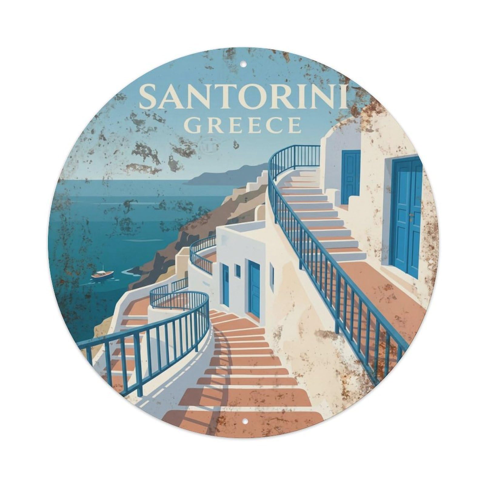 Vintage Travel Stairway Santorini Winding Metal Tin Sign