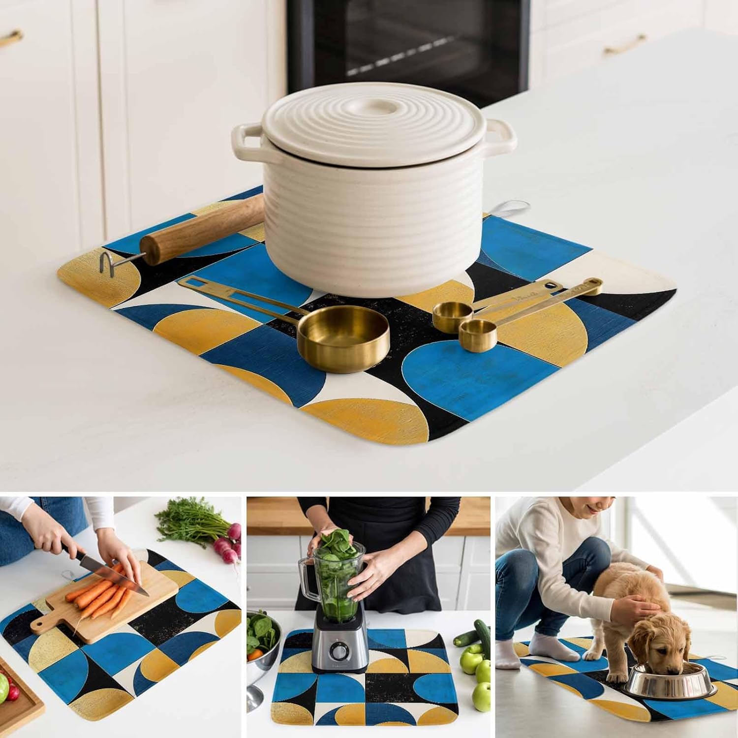Blue Yellow Color Block Dish Drying Mats for Kitchen Counter,Absorbent Microfiber Dish Drainer Rack Mat Abstract Geometric Collage Art Drying Pad for Sinks,Utensils,Countertops,18x24in