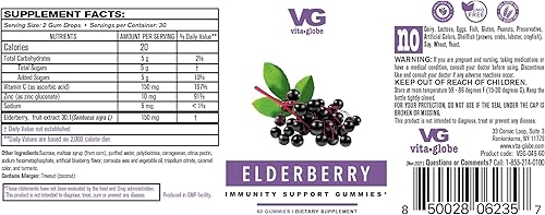 Miniatura 2 de VITA GLOBE Gomitas de saúco con vitamina C y zinc, suplemento diario para apoyo inmunológico y bienestar  Extracto de saúco con antioxidantes en un