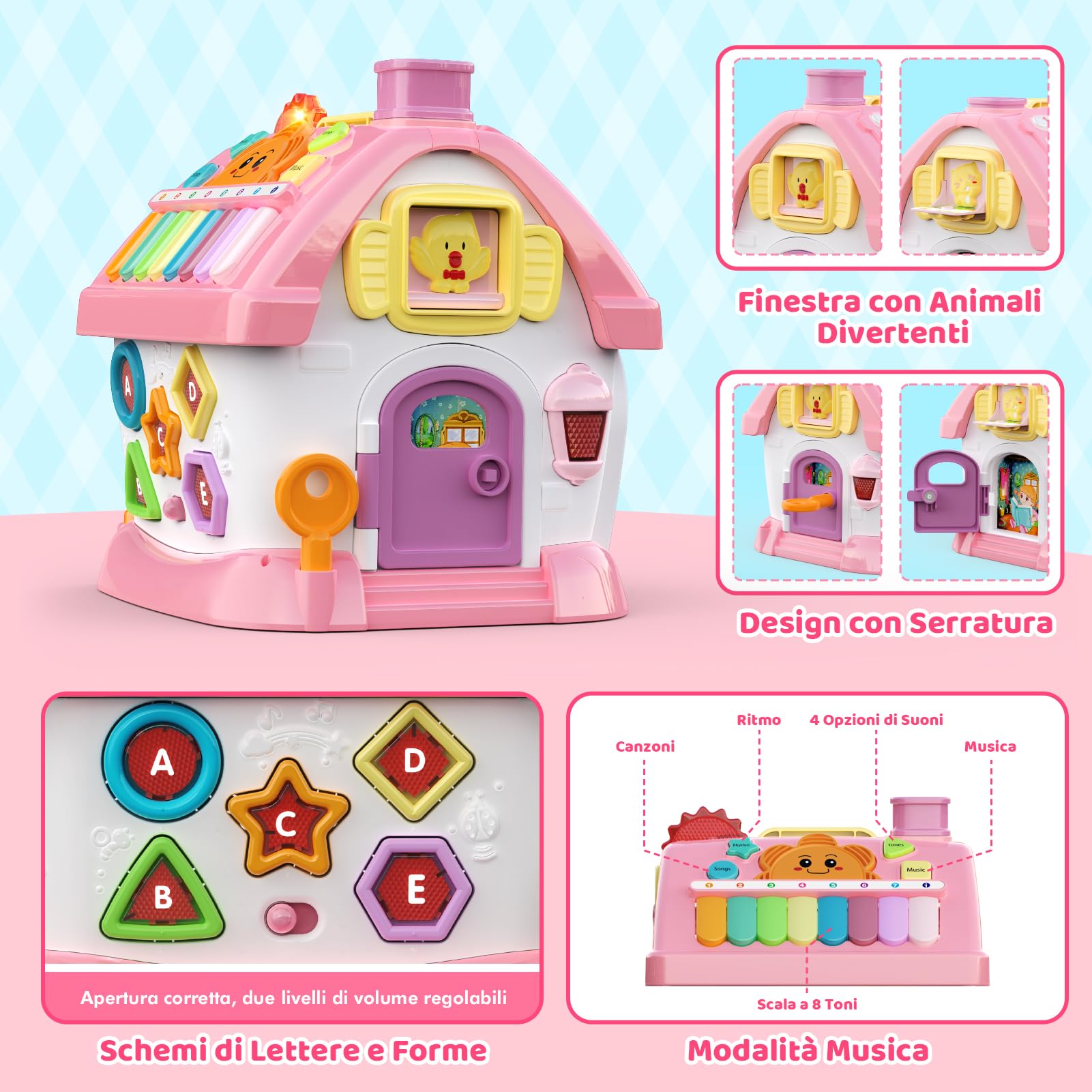 Giochi Montessori 1 Anno: 6 in 1 Giocattoli Bambini Multi-Attività con Musica/Orologio/Luci/Telefono/Auto, Gioco Bambino Educativo per 18 Mesi, Regalo Compleanno per Bambina 1 2 3 Anni (Rosa)