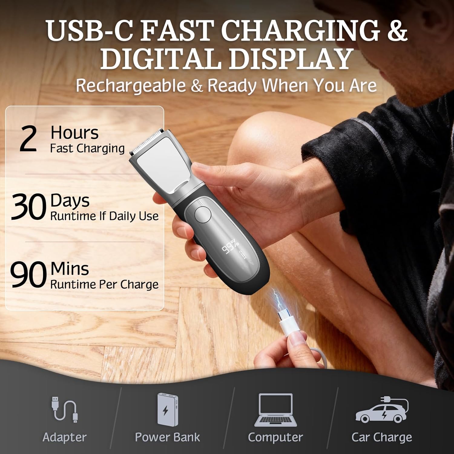 Bikini Trimmer for Women Men, 2 in 1 Electric Razors Shaver, IPX7 Waterproof Body Hair Trimmer with Mirror, LED Light & Display, Painless Pubic Hair Removal, Silver