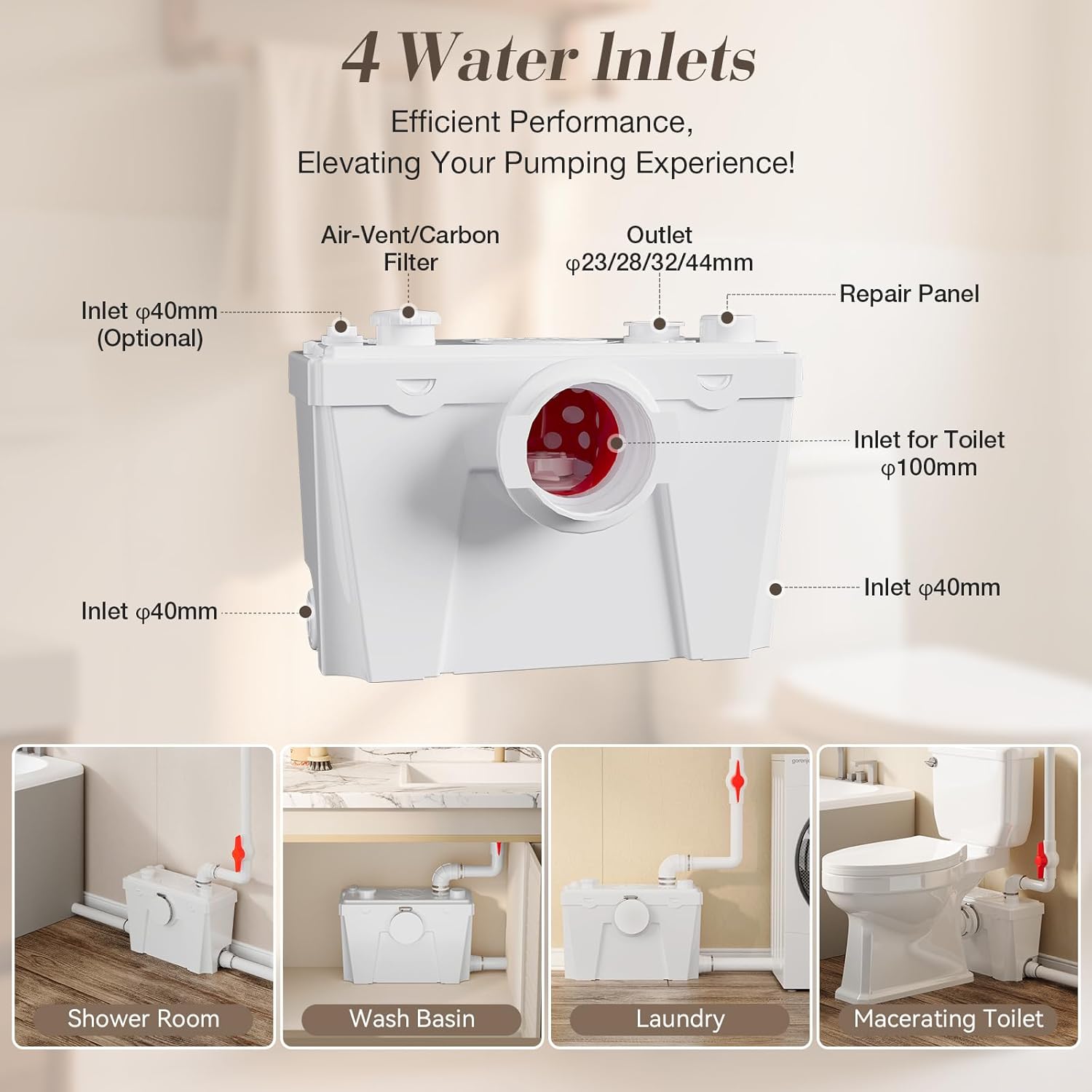 500Watt Upflush Toilet with Bidet Sprayer- Macerating Toilet withToilet Bowl,Toilet Tank and Macerator Pump with 4 Water Inltes for Kitchen Sink, Bathroom, Laundry