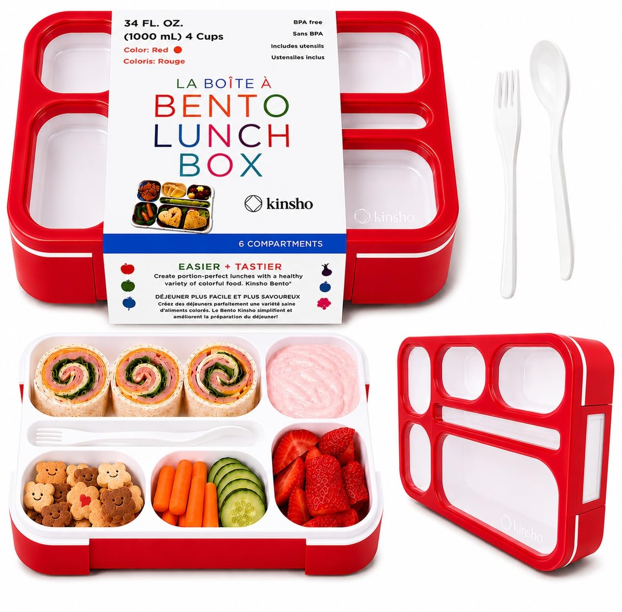 Bento Box pudełko na lunch dla dzieci | pojemniki na przekąski dla dzieci | 6-komorowy pojemnik dla dzieci i dziewcząt i dorosłych, w zestawie naczynia | Czerwony