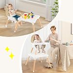 BABY JOY 6 in 1 High Chair, Convertible High Chairs for Babies and Toddlers/Booster Seat/Table and Chair Set, Infant Wooden Highchair w/ 5-Point Harness, 4-Position Removable Tray & PU Cushion (Khaki)