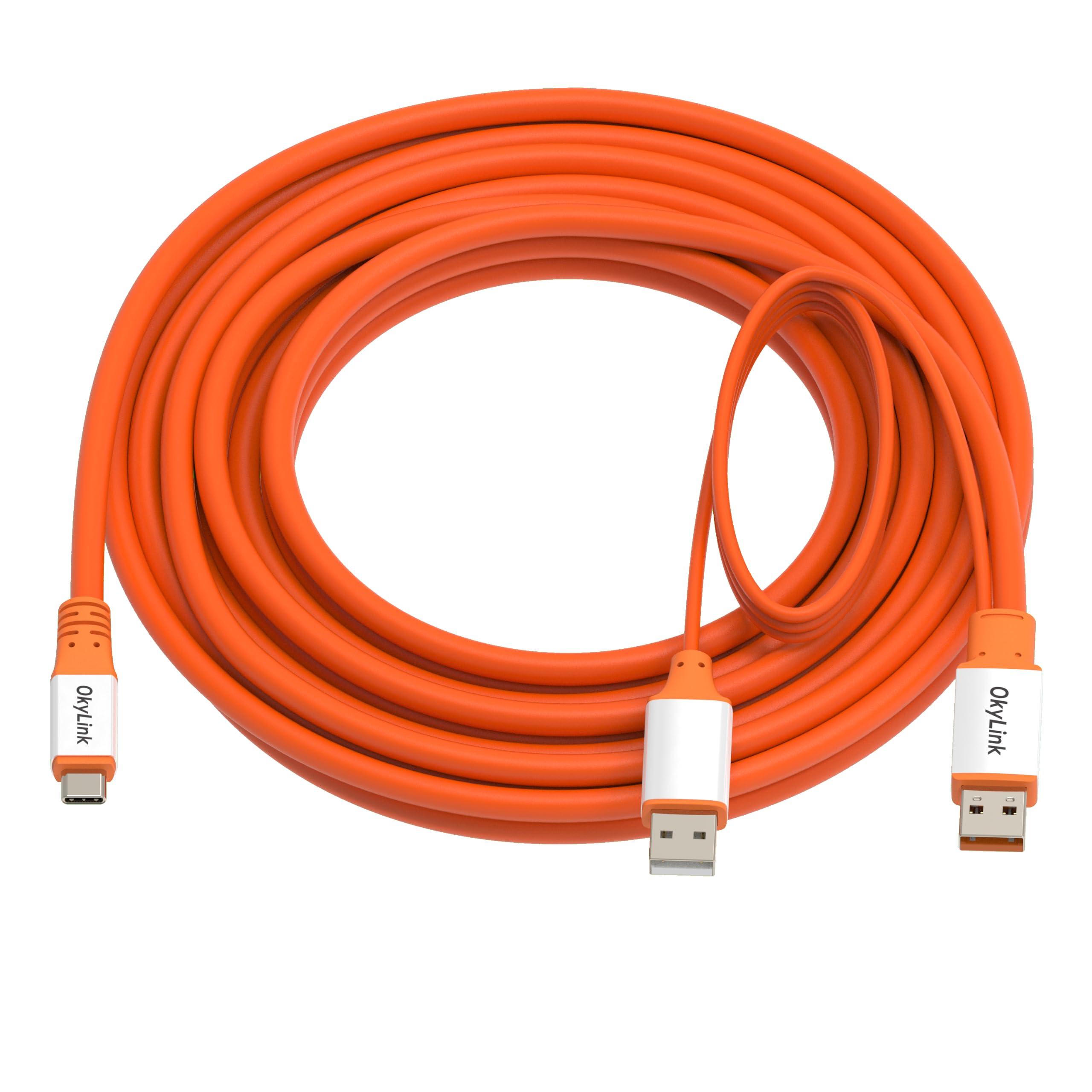 OkyLink Cable activo USB 3.2 Gen 2 tipo A a C macho a macho de 10 Gbps, 15 pies | 5 m con alimentación externa, largo alcance, naranja, para dispositivo USB-C de larga distancia y cámara web