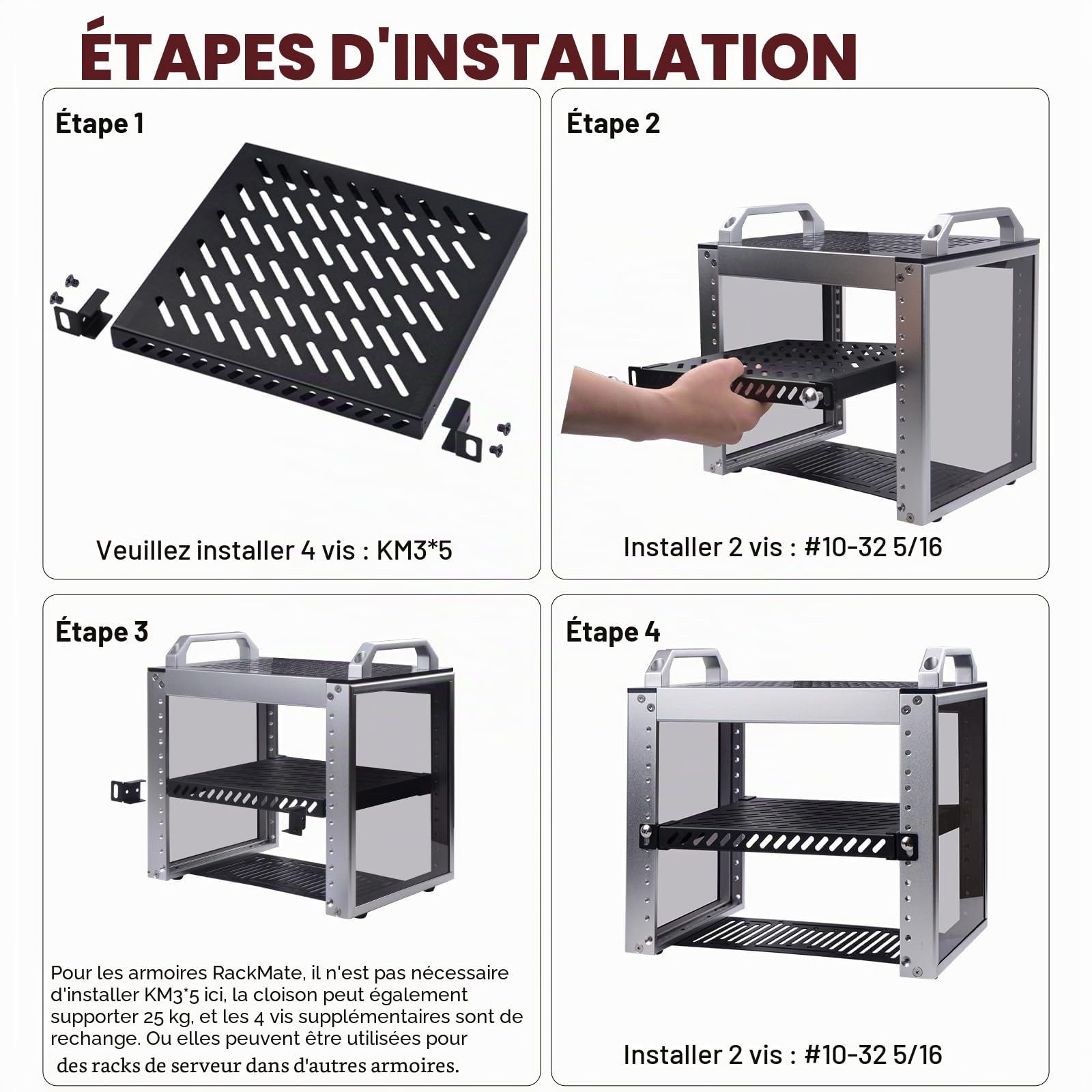GeeekPi Étagère de Serveur Robuste 0,5U pour Rack de Serveur DeskPi RackMate T1/T0 et Rack de Serveur ou Armoire réseau 10", Design perforé, capacité de Charge de 25 kg, Noir