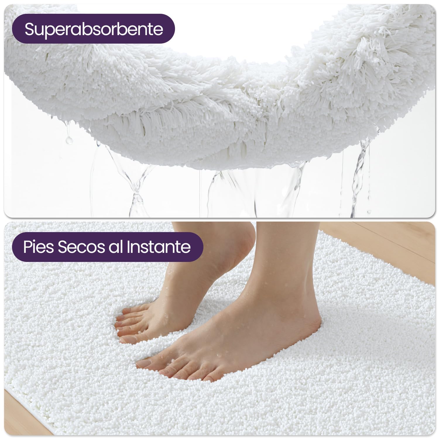 DEXI Alfombra Baño Súper Absorbente 60 x 90 cm, Alfombrillas Baño Antideslizante y Extra Grueso, Lavable a Máquina, Alfombras de Microfibra Suave para Bañera y Ducha, Blanco