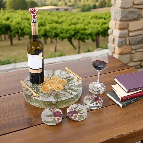 Miniatura 3 de Juego de moldes de bandeja de resina epoxi de cristal, incluye 1 molde de bandeja redonda grande, 4 moldes de posavasos pequeños, 1 par de asas de