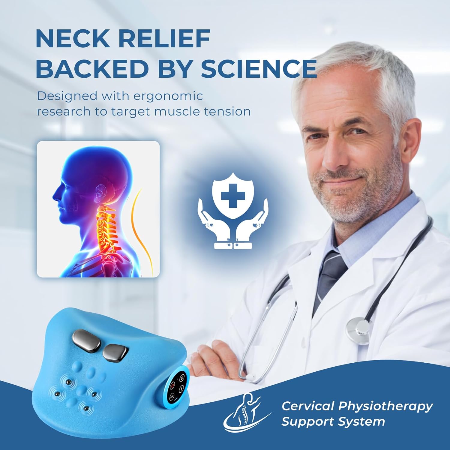 YOUKADA Neck Massager, 3 in 1 Modes, Electric Shoulder Relaxer, Neck Stretcher with Heat for Pain Relief Deep Tissue, Ergonomic 26°Shoulder Massager, Portable for Car/Office/Home (Blue)