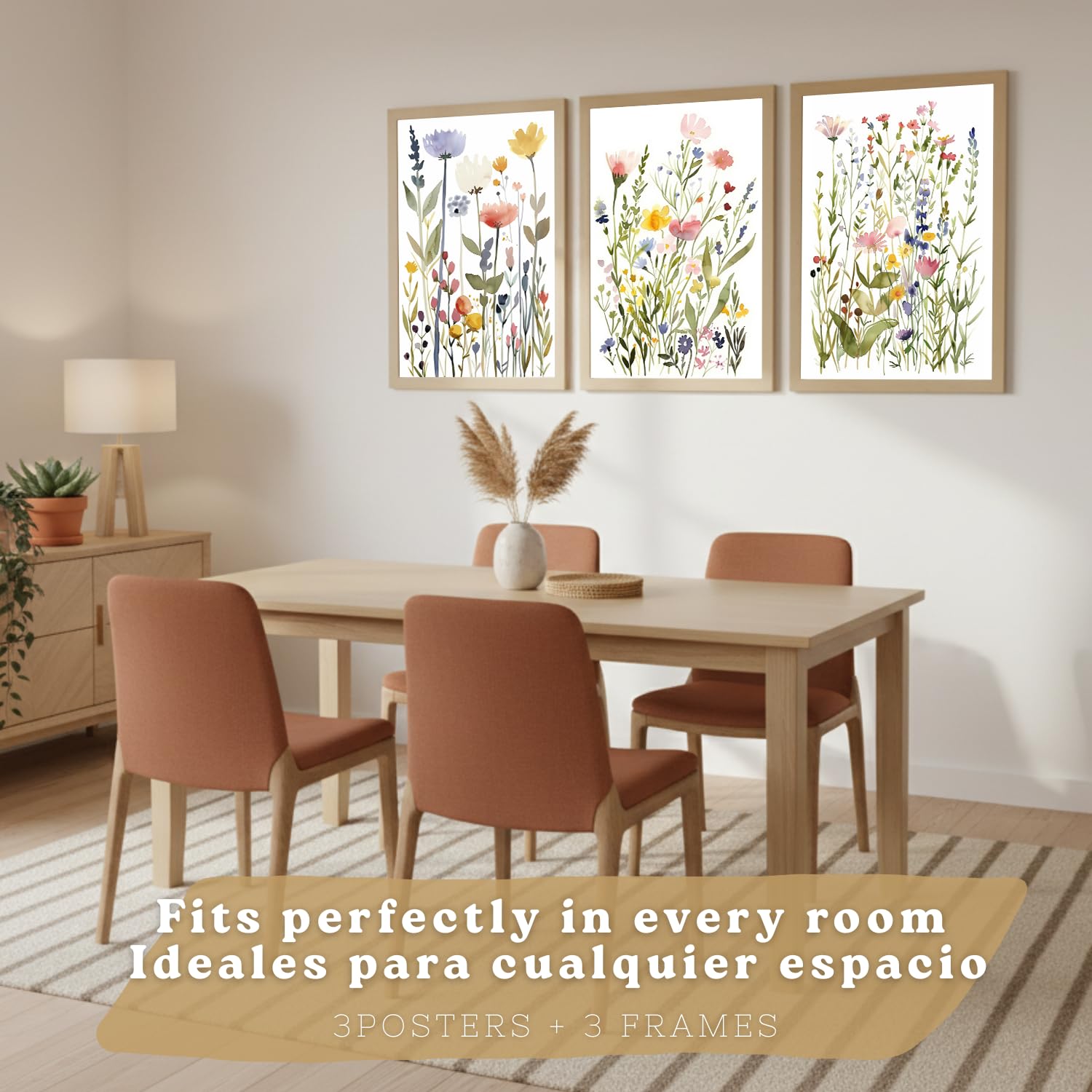 Nacnic Set Di 3 Poster Floreali Pastello. Arte Decorativa Da Parete Con Fiori Ad Acquerello. Poster Da Parete Con Motivi Botanici Minimalisti Per Soggiorno. Dimensioni A3 Telaio In Legno Chiaro