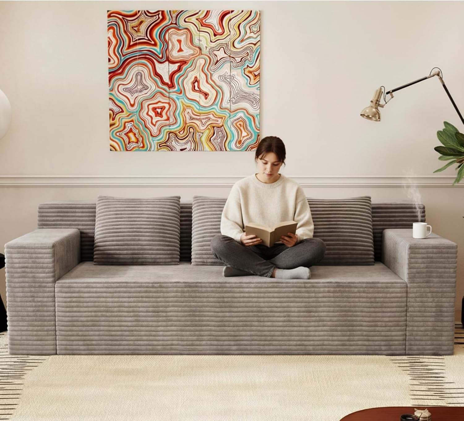 Eafurn Modern 3-Seater Love Seat Sofa Couch in a Box, No Assembly Required, High-Density Foam Plush Corduroy Loveseat Couch with Throw Cushions and Wider Armrest for Home Office
