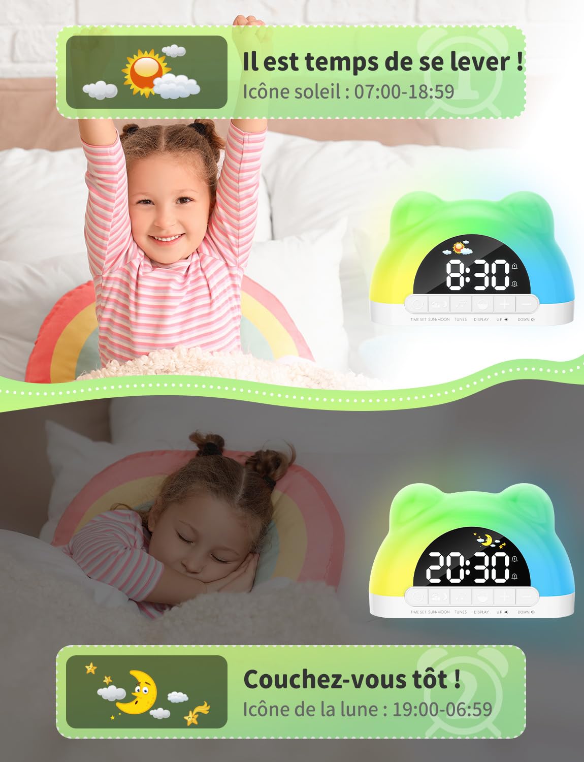 Reveil Enfant Educatif Jour/Nuit, Réveil Enfants avec 11 Effets de Lumière, Comprend Une Luminosité Automatique de l’Écran, Réveil Numérique pour Garçons Filles, Deux Alarmes, Chambre D'enfant