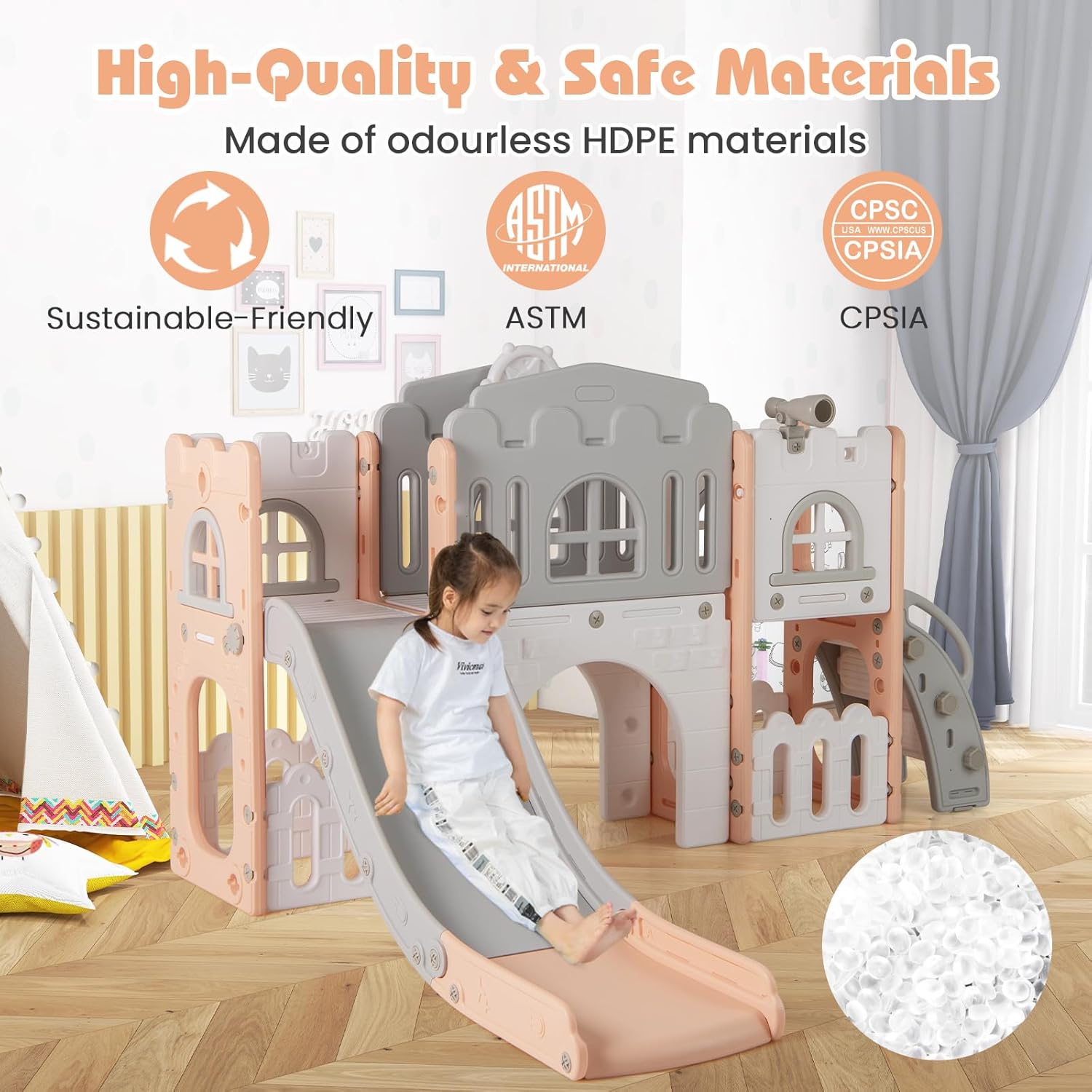 Costzon 8 in 1 Toddle Slide Playset, Freestanding Kids Slide w/Tunnel, Basketball Hoop, Toddler Climber Slide Playset Indoor Playground for Kids 1-3 w/Storage Space, Gifts for Boys Girls (Pink)