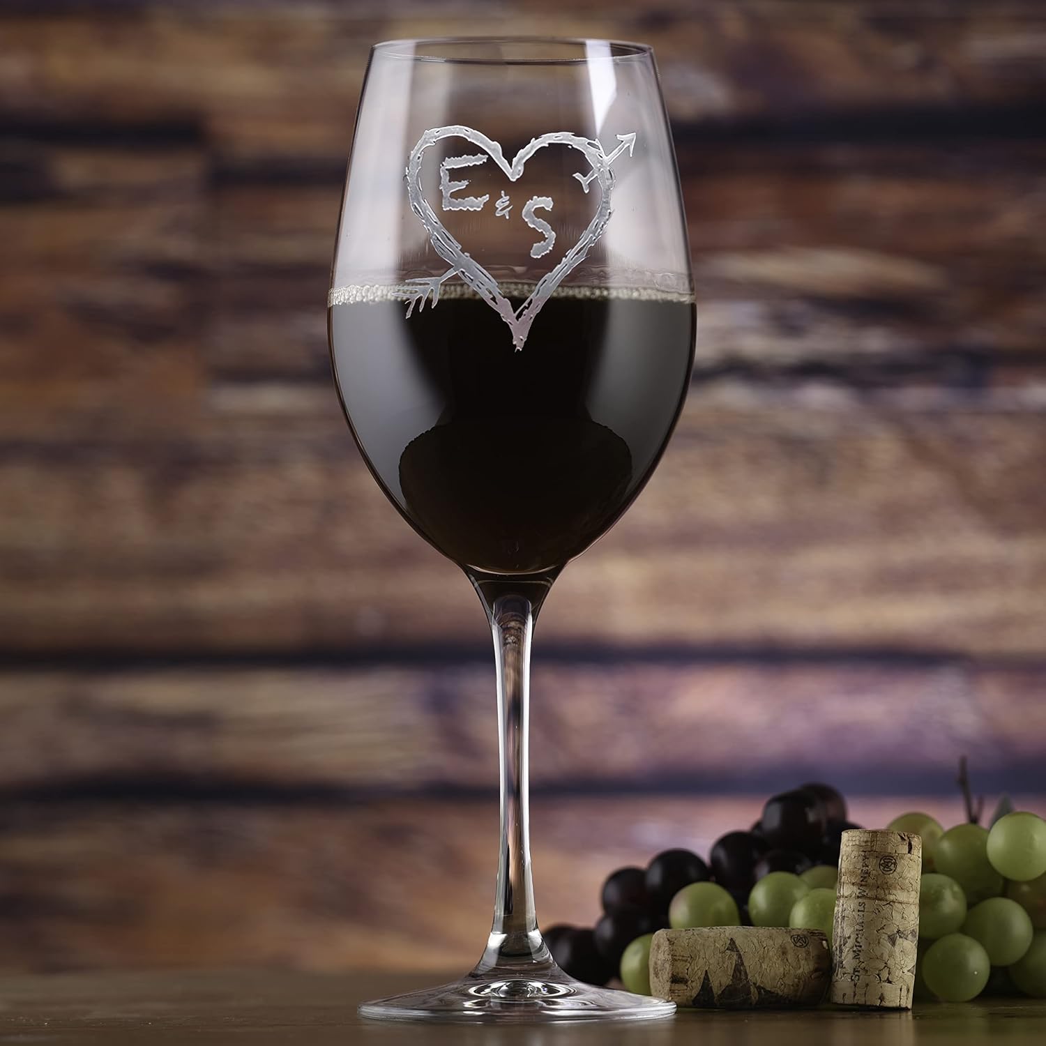 Stolzle Crystal Red Wine Glass, Engraved Wedding Gift Initialed Heart with Arrow (Single 1)