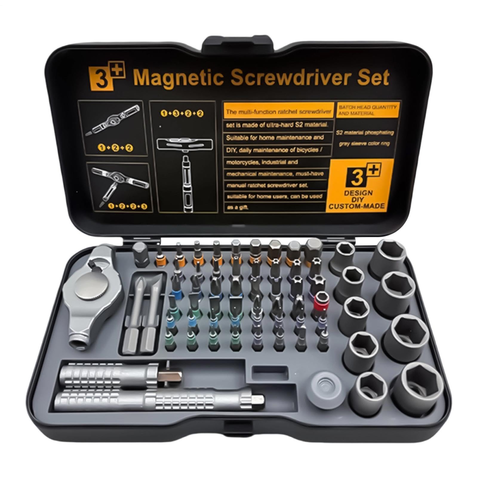 Set di Cacciaviti Magnetici a Cricchetto | 66 in 1 Kit con Impugnatura a T - Kit di Cacciaviti di Precisione | Per Casa Garage Officina Computer Orologio Auto Elettricista Uomo Padre