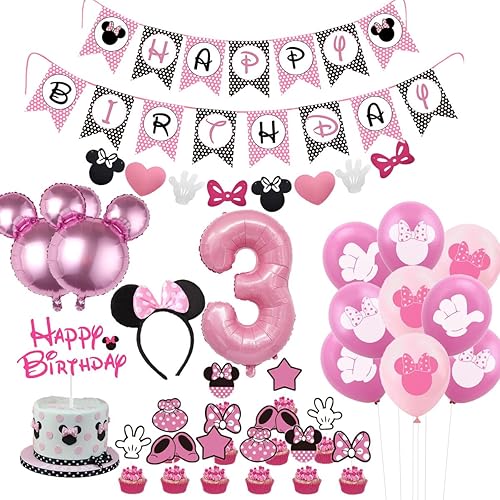 Suministros para fiesta de cumpleaños de 3 años de Minnie 3 años, decoraciones de fiesta de cumpleaños de Minnie 3er cumpleaños, decoración de