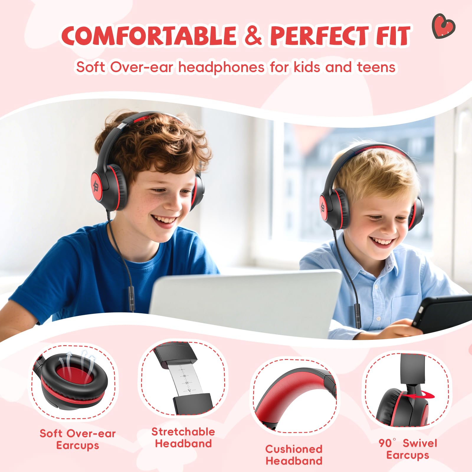 Cuffie per bambini cablate per scuola, limite di volume 85/94 dB, cuffie over-ear cablate per bambini, ragazzi e ragazze, con microfono, suono stereo, cavo da 3,5 mm, per tablet Kindle, viaggi in