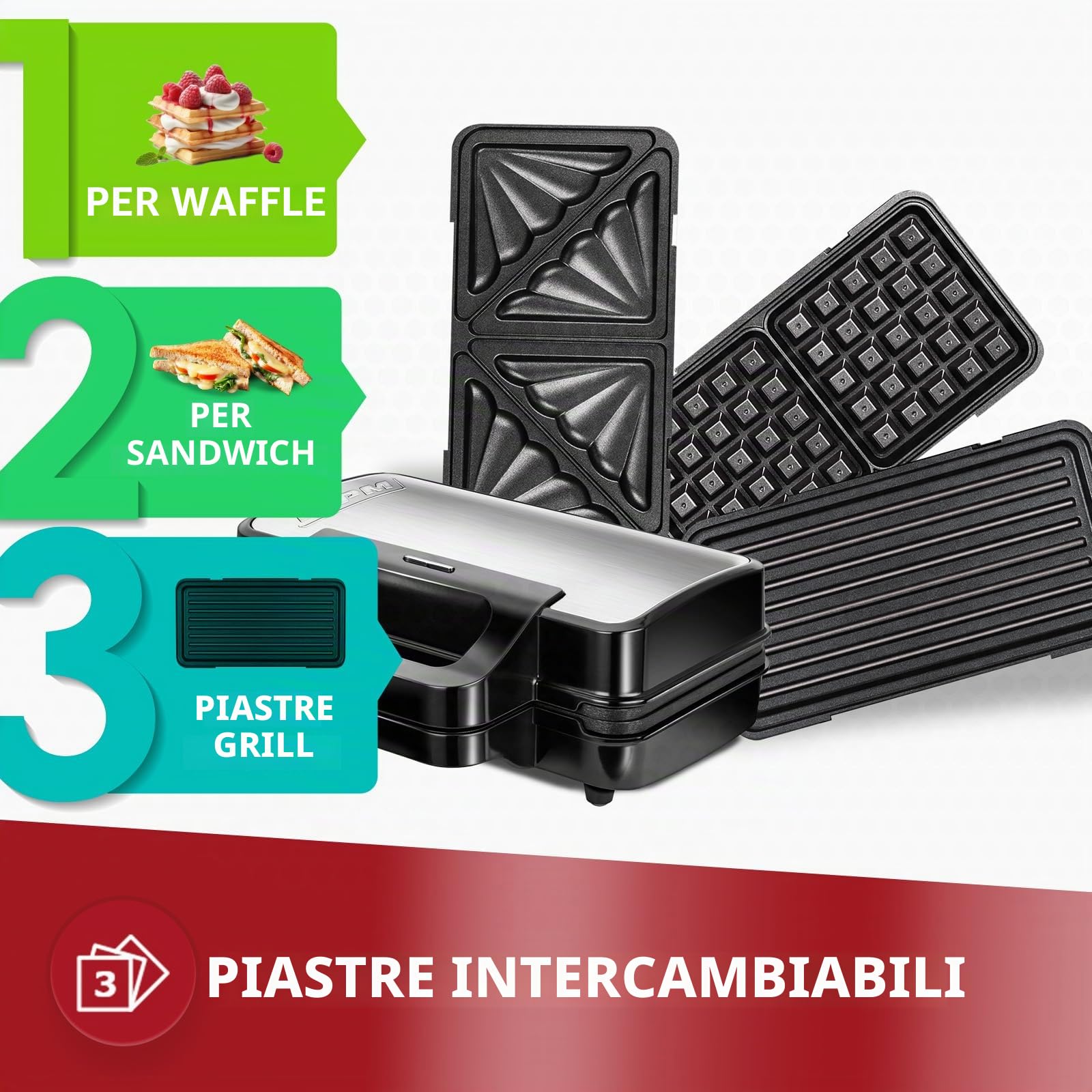 MPM MOP-43M 3 in 1 Sandwich Panini Maker, Piastre Intercambiabili, Tostapane Piastra, Waffle maker, Bistecchiera Elettrica, Grill per Carne e Pesce, Regolatore di Temperatura, 1000W