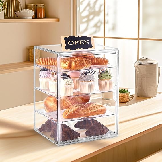 Pastry Display Case,Large Bread Box for Kitchen Countertop,4 Layers Adjustable Bakery Display Case,Clear Breadbox for Baked Goods Cookie Dessert Cupcake Kitchen Counter 15.5x11.4x9.9 Inch