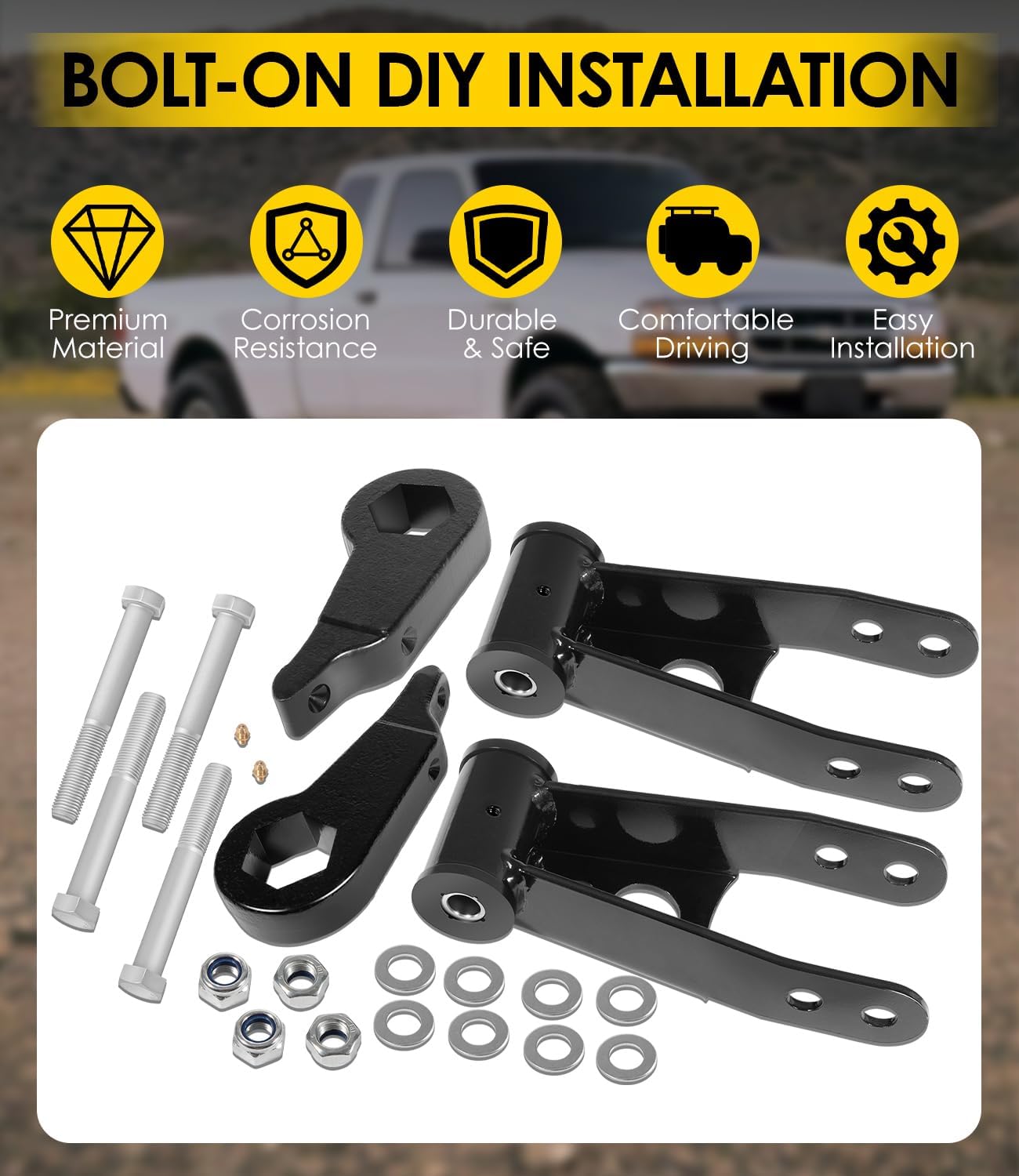 3" Front 2" Rear Adjustable Leveling Lift Kit for 1998-2011 Ranger 4X4 & 2WD | Torsion Bar Leveling Keys & Lift Shackles | For Larger Tires