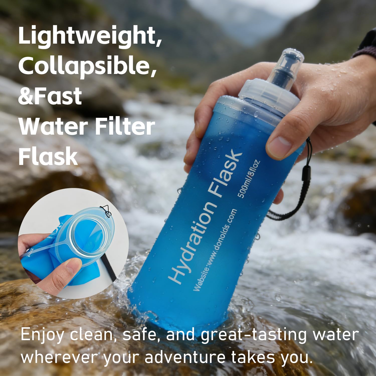 AXEN Collapsible Water Bottle with Filter System, Soft Hydration Flask for Trail Running, Camping, Hiking, Cycling, 500ml Blue