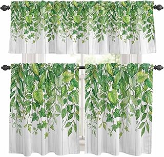 3 Piece Set Kitchen Tier and Valance Curtains Watercolor Green Leaves Farm Wood Rod Pocket Curtain Valances Farm Ivy Pothos Plant Light Filtering Window Treatment for Living Room Decor