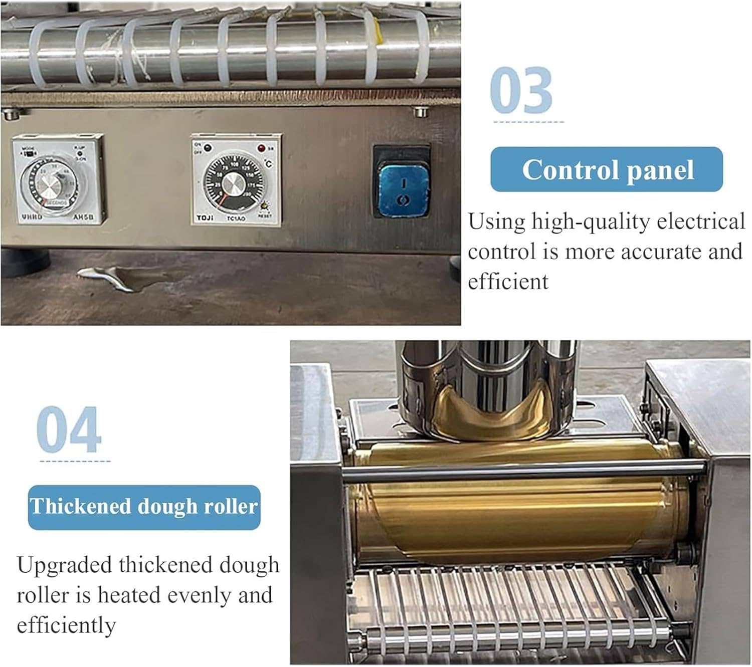 Macchina per crepes commerciale, macchina per crosta di torta completamente automatica, con nastro trasportatore, velocità regolabile e temperatura da 0 a 200 °C, riscaldamento uniforme, efficienza: