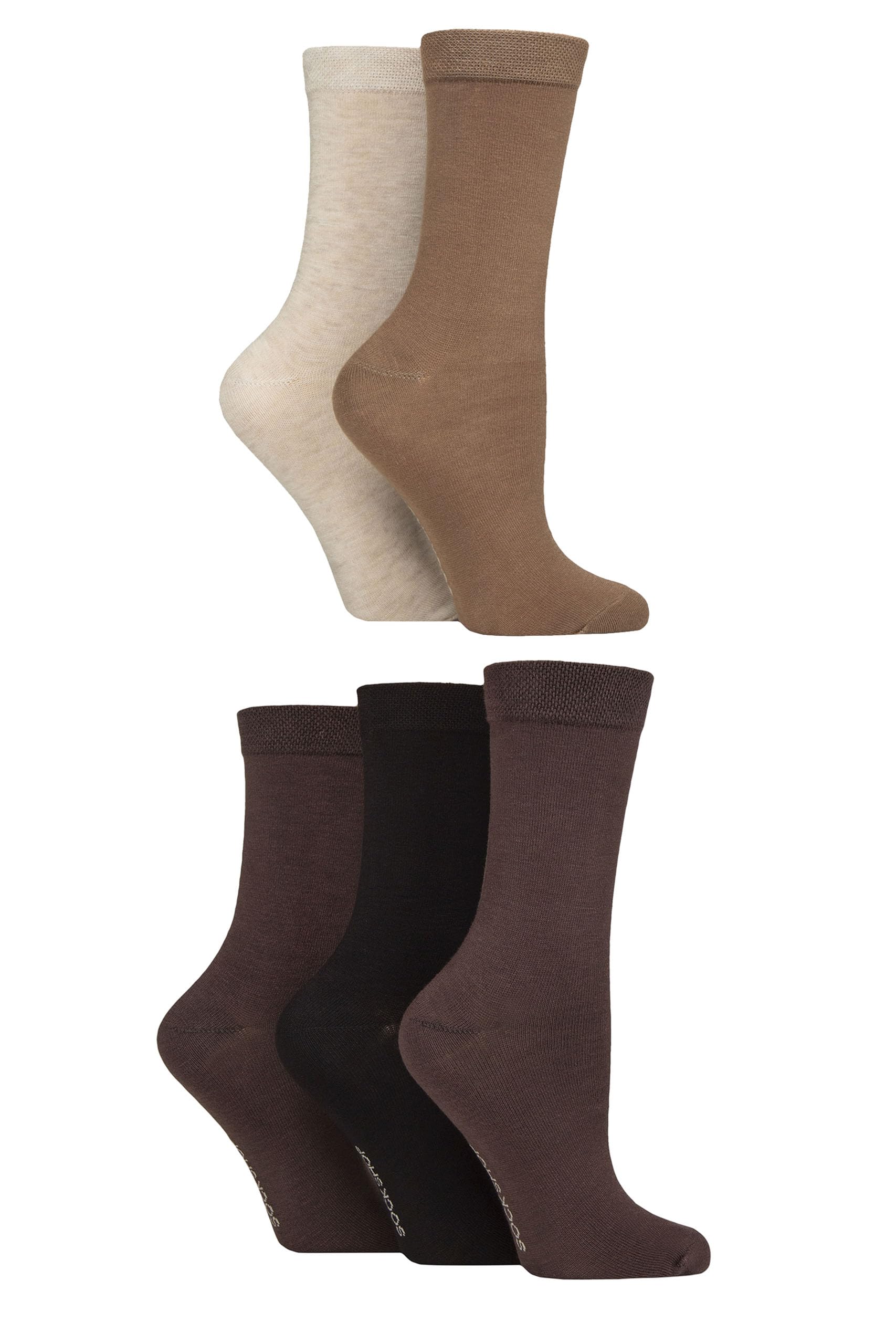 Sockshop Women's Plain Cocoa Mix Soft Bamboo Socks - Breathable, Cooling, Plain, Patterned & Striped In A 5 Pair Multipack Size 4-8