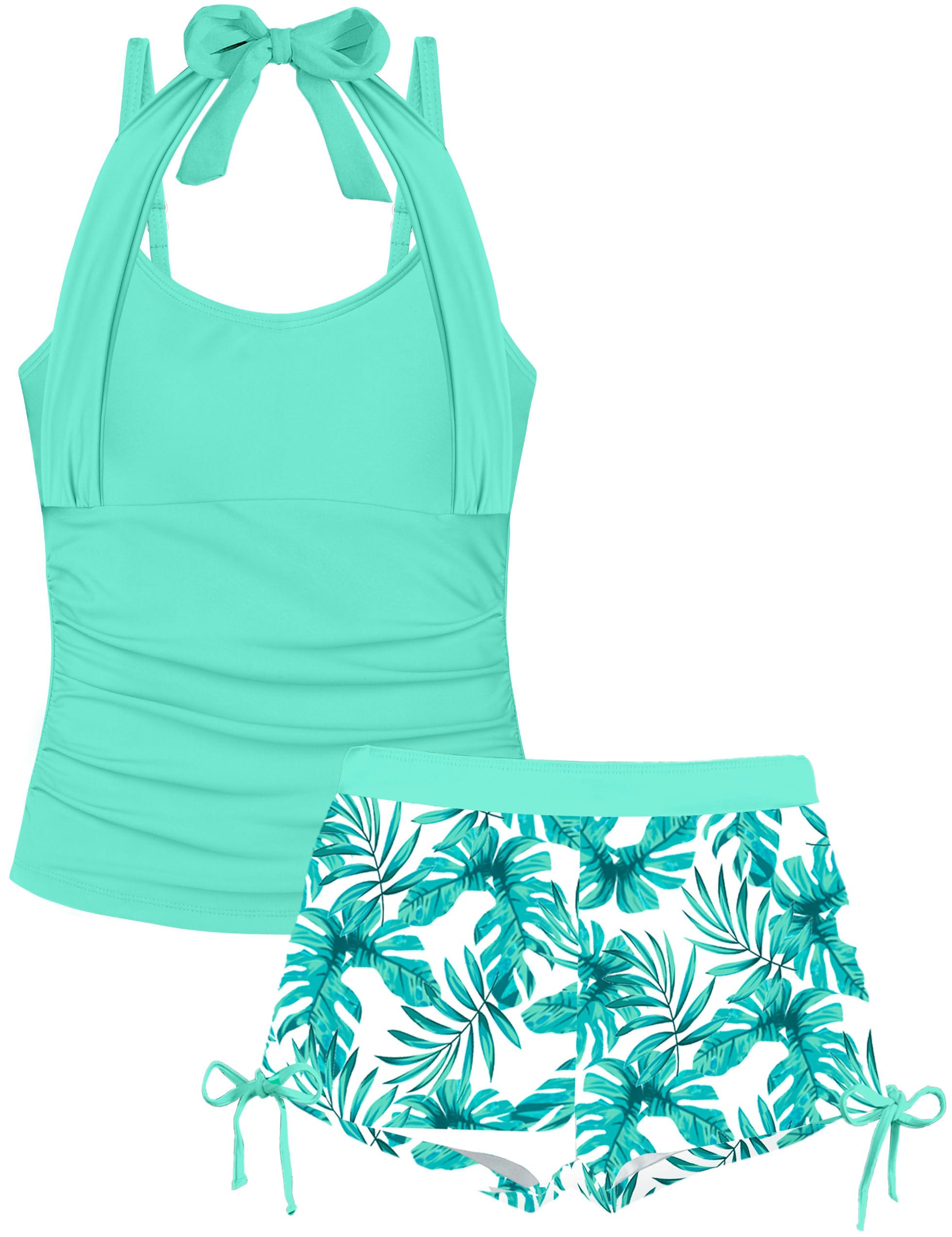Girls Swimsuit 2 Piece Halterneck Girls Tankini Swimsuit Drawstring Printed Swim Shorts Girl Bathing Suit for 7-18T