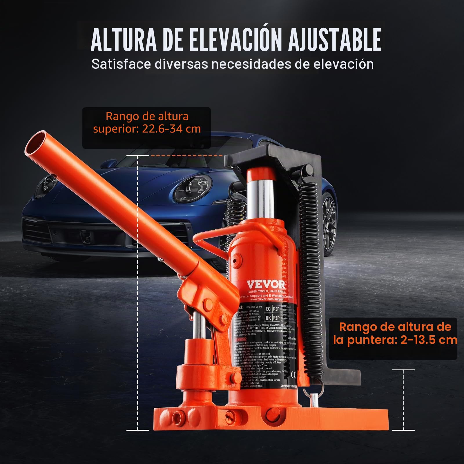 VEVOR Gato Hidráulico de Pierna con Patas 2,5 T Capacidad de Elevación del Gato de Máquina 5 T Superior Altura de Pierna 20-135 mm Altura Superior 227-340 mm para Maquinaria de Elevación, Industria