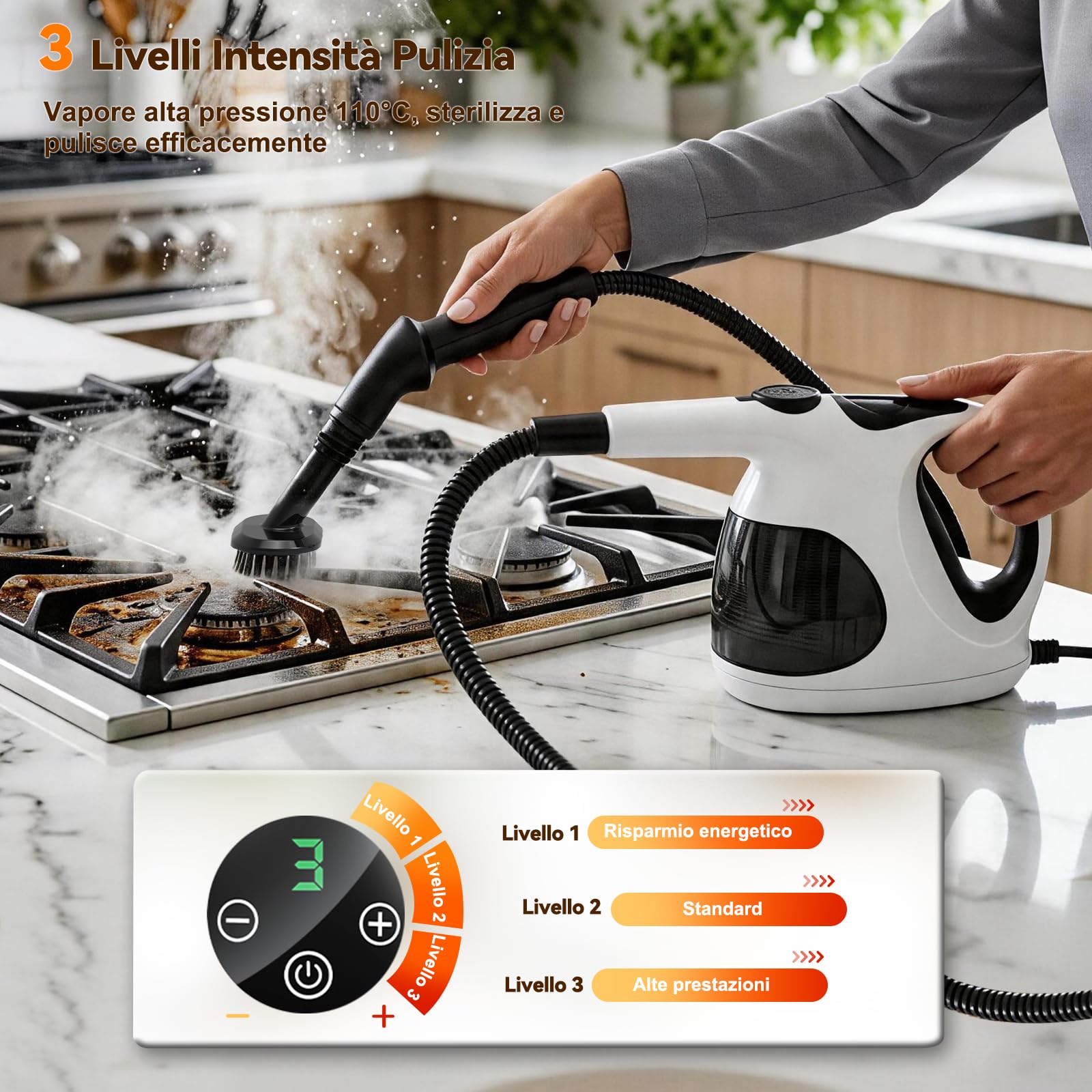 Pulitore a Vapore Portatile, Calore Istantaneo 5 Secondi, 400 ml Serbatoio Trasparente, Facile Riempire, Solo 0.92 kg, 10 Accessori, Multiuso Pressurizzato Pulitore Steam Cleaner Casa