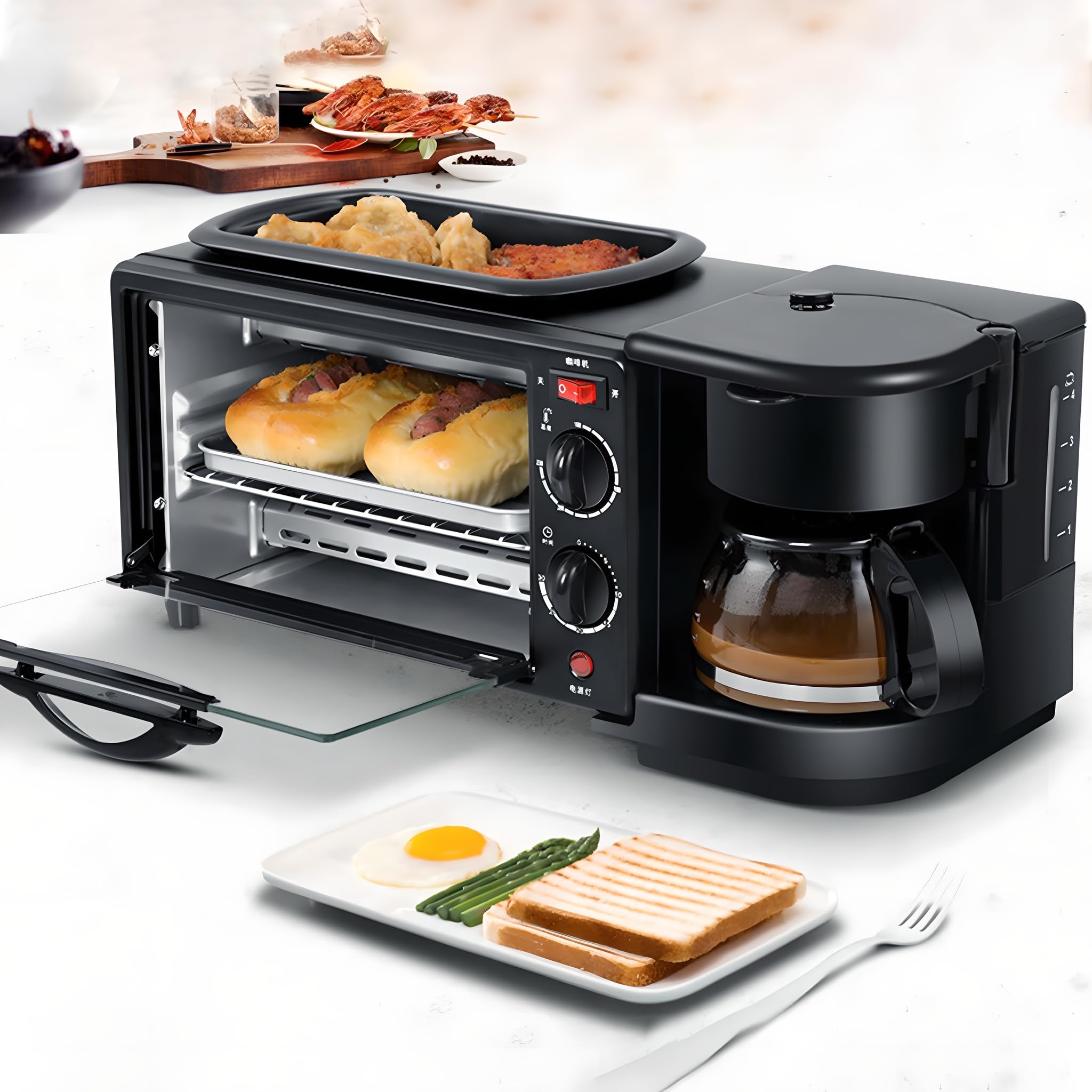 3-in-1 Breakfast Maker, forno per tostapane 9L con slot a 4 affetti e bollitore da 600ml.Stazione di caffè elettrica compatta per la cucina dell'appartamento.Design Cool-Touch sicuro per una facile co