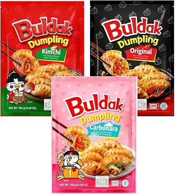 Buldak Spicy Chicken Flavour Dumplings 700g x 3 Pack Total 2.1kg |3 Flavor Carbonara/Kimchi/Original | Korean Protein Dumplings | Frozen GyOza | Quick & Easy Meal