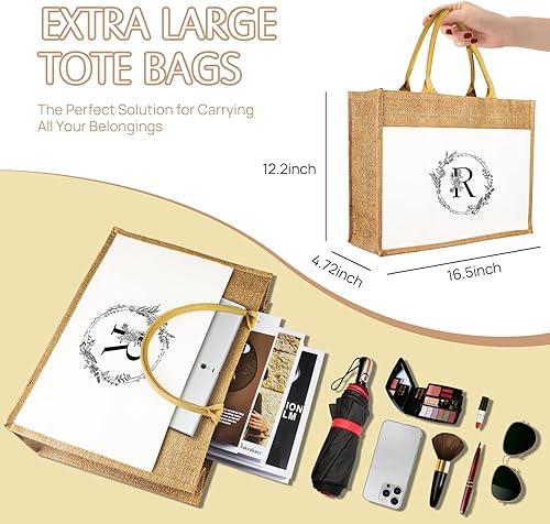 Miniatura 5 de JUSTOTRY Bolsa de mano con inicial, yute natural, grande, 13 onzas, personalizada, bolsa de lona con monograma, regalo para mujer