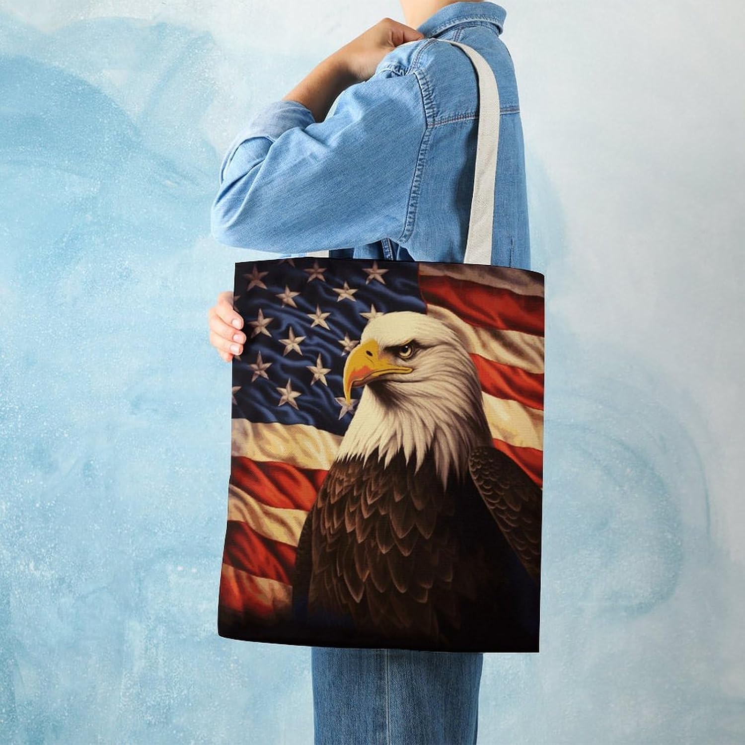 Canvas Tote Bag 16x15 In Lightweight Foldable Shoulder Hobo Purse | Flag And Eagle, Casual Tote with 10" Strap, Everyday Carryall, for Travel Work Grocery Shopping Beach Mark Gym Yoga