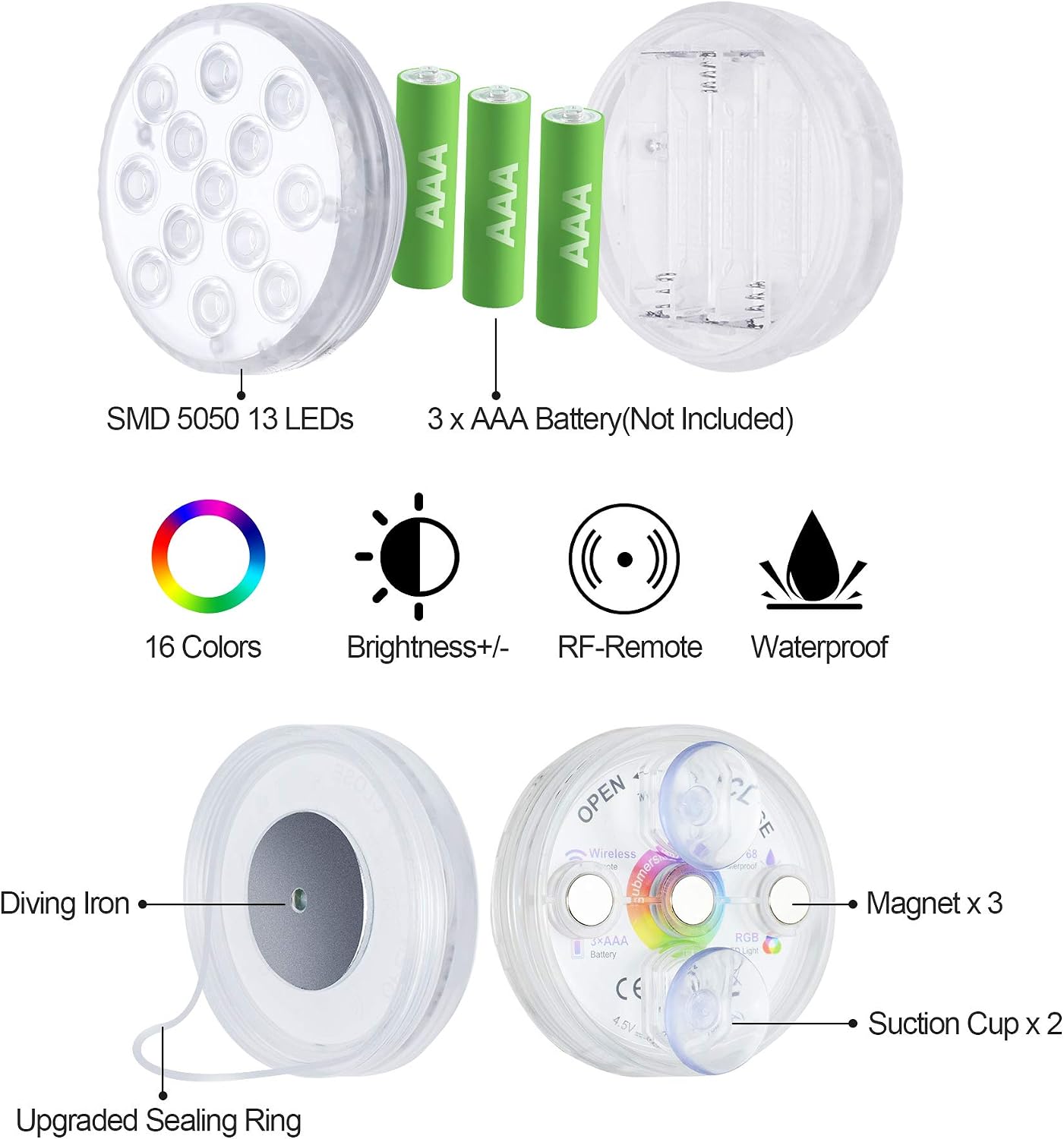 8 Pack Submersible LED Pool Lights,Bathtub Light Waterproof IP68,13 LED,16 Colors Timer Underwater Lights with RF Remote,Magnets,Suction Cups,for Pool,Tub,Fishtank.Attach 2-Pack of Pool Skimmer Socks