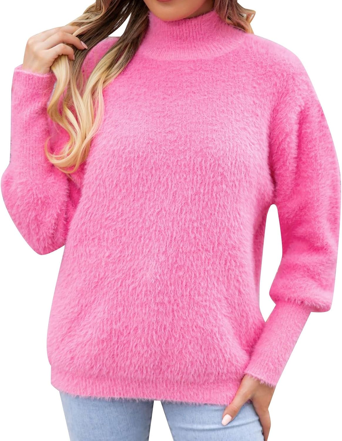 Heevina Womens Sweaters for Women Turtleneck High Neck Fleece Flannel Fluffy Fuzzy Puff Bubble Solid Color