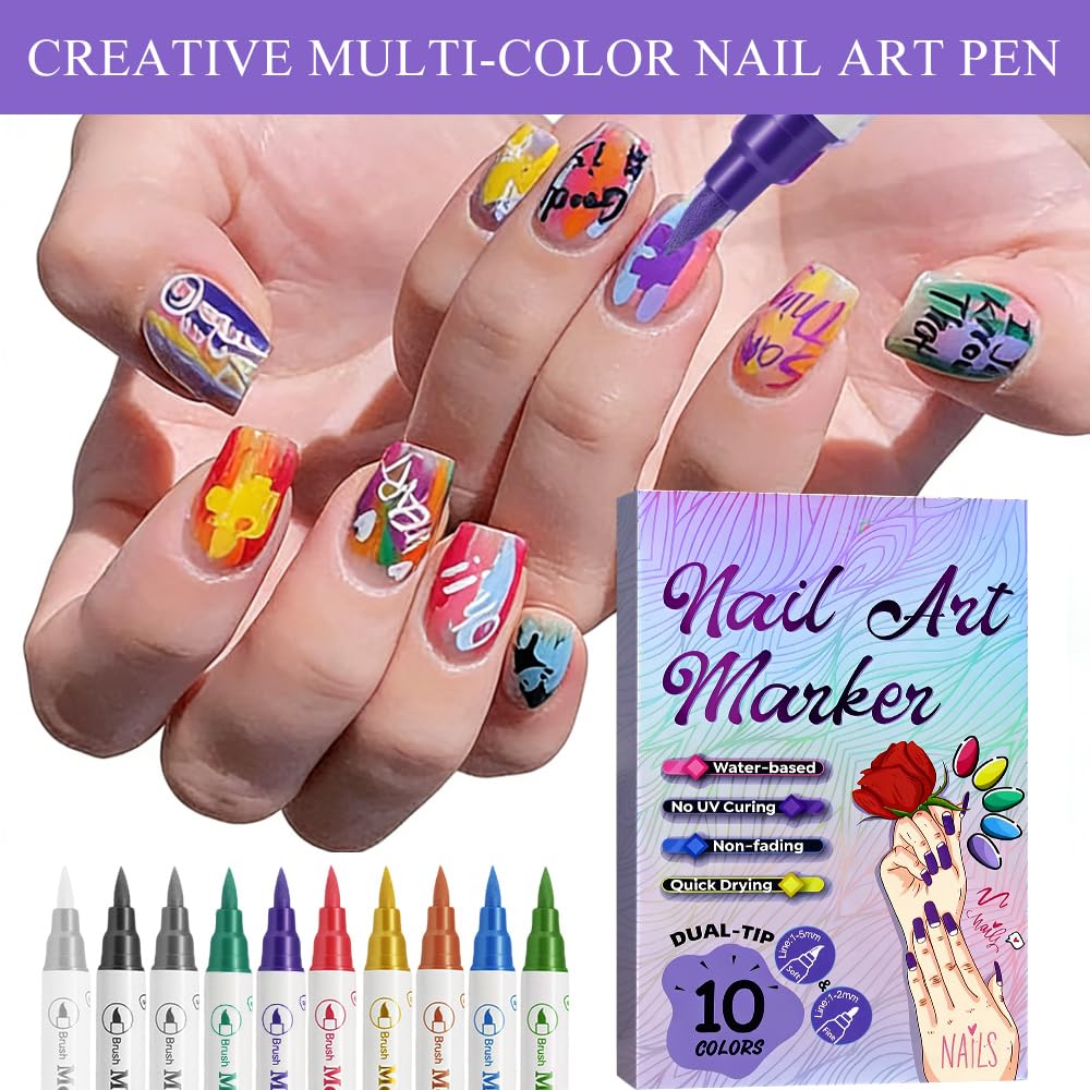 10 colori Penne Per Nail Art Punta, 3D Nail Art Pen, Adatto per il design di nail art fai-da-te, per dipingere e per l'artigianato