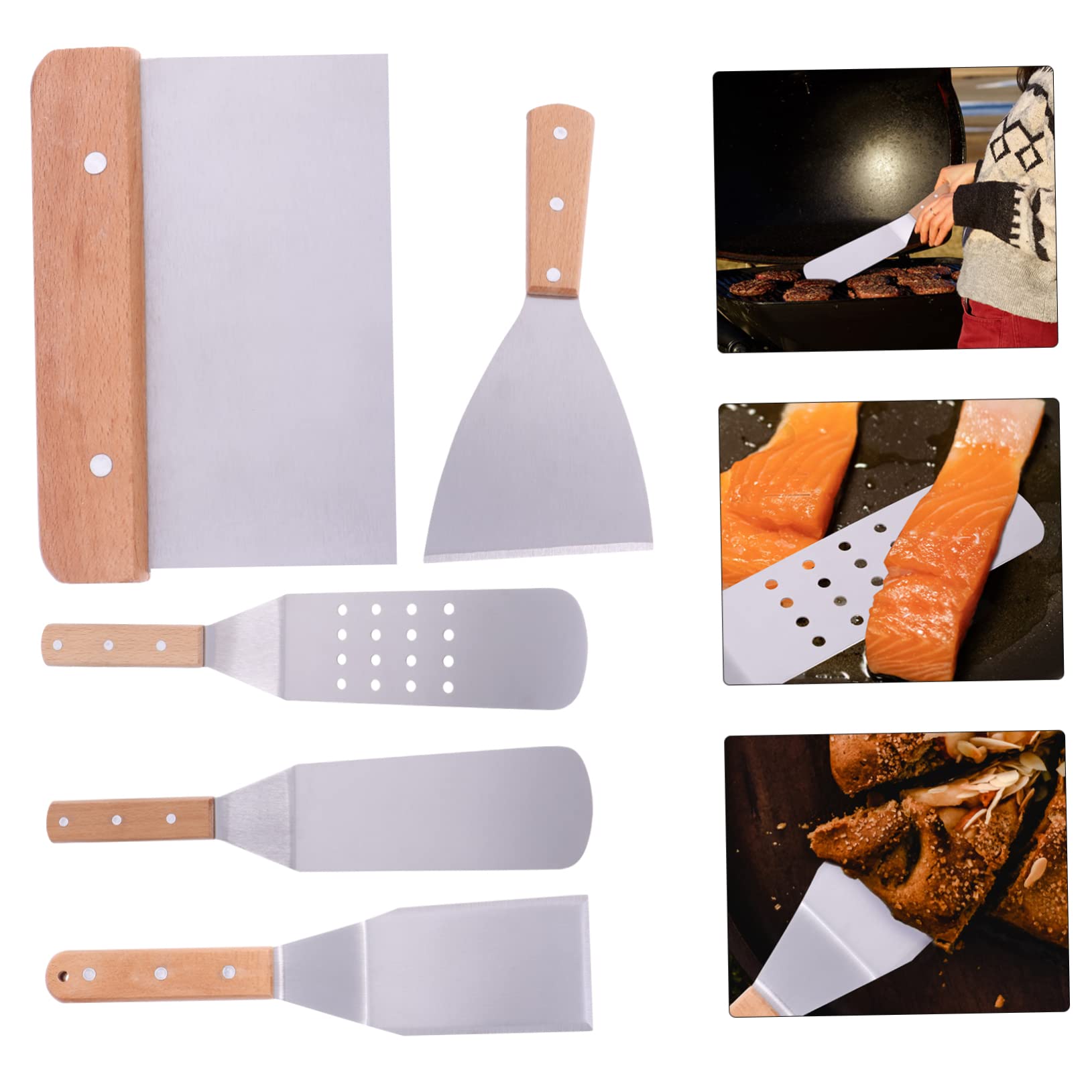 Espátulas de Cocina Mango de Madera y Acero Inoxidable Juego de 5 Resistentes y Fáciles de Lavar para Uso en Cocina Profesional