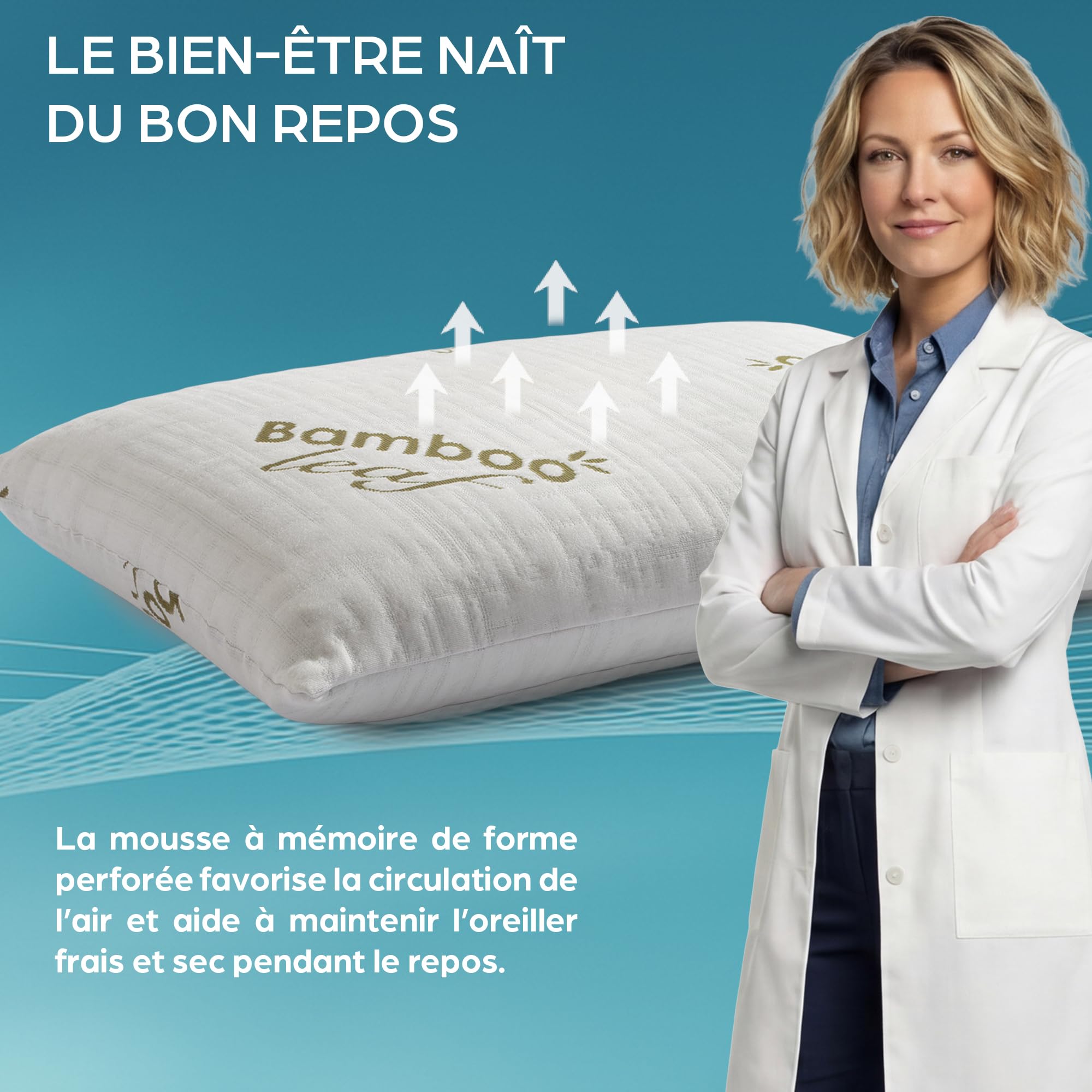 Flowen Oreiller Memorie Forme Coussin Ergonomique Cervical Idéal pour Le Soutien du Cou et de la Tête Orthopédique Anti Ronflement Anti Acarien Hypoallergénique Taie d'oreiller Bamboo Lavable