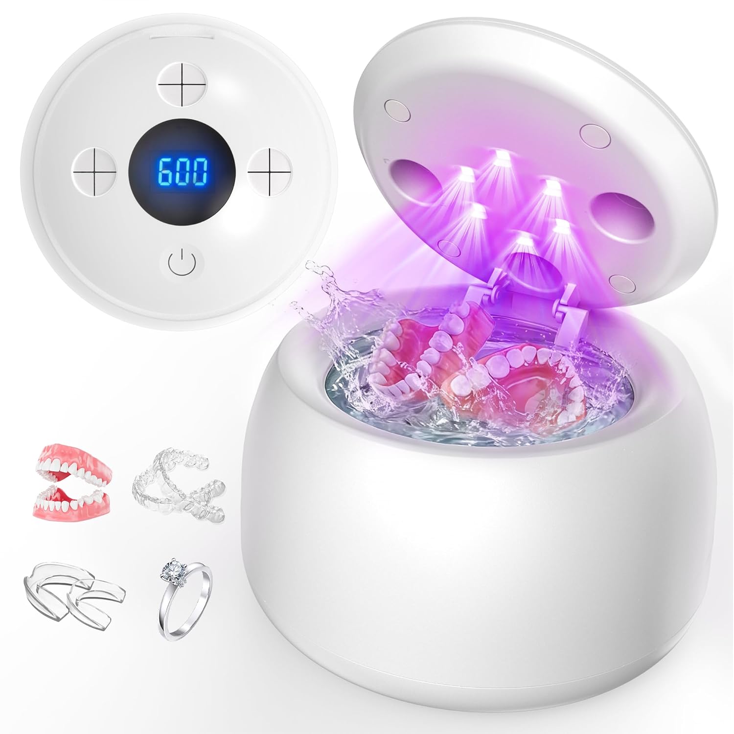 Ultrasonic retainer cleaner machine, 45kHz denture dome With UV Light, Dental Cleaning POD For Aligners, Mouth Guards, Night Guards, Toothbrush,Jewelry,200ML Capacity,White