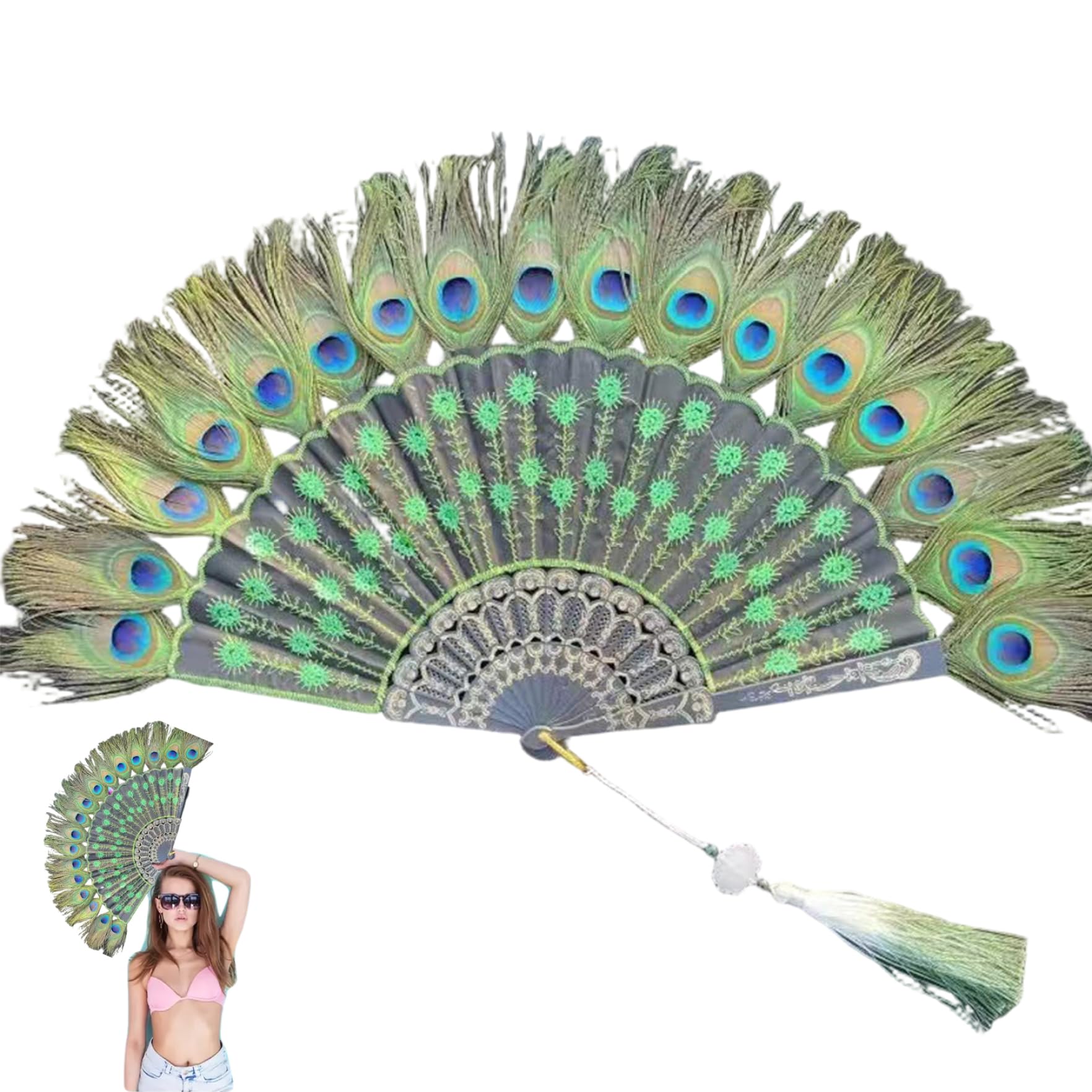Abanico de Mano con Plumas de Pavo Real exquisitamente elaborado, diseño Art Déco Plegable con Plumas de marabú para Fiestas Vintage, Elegante decoración del hogar, Verde