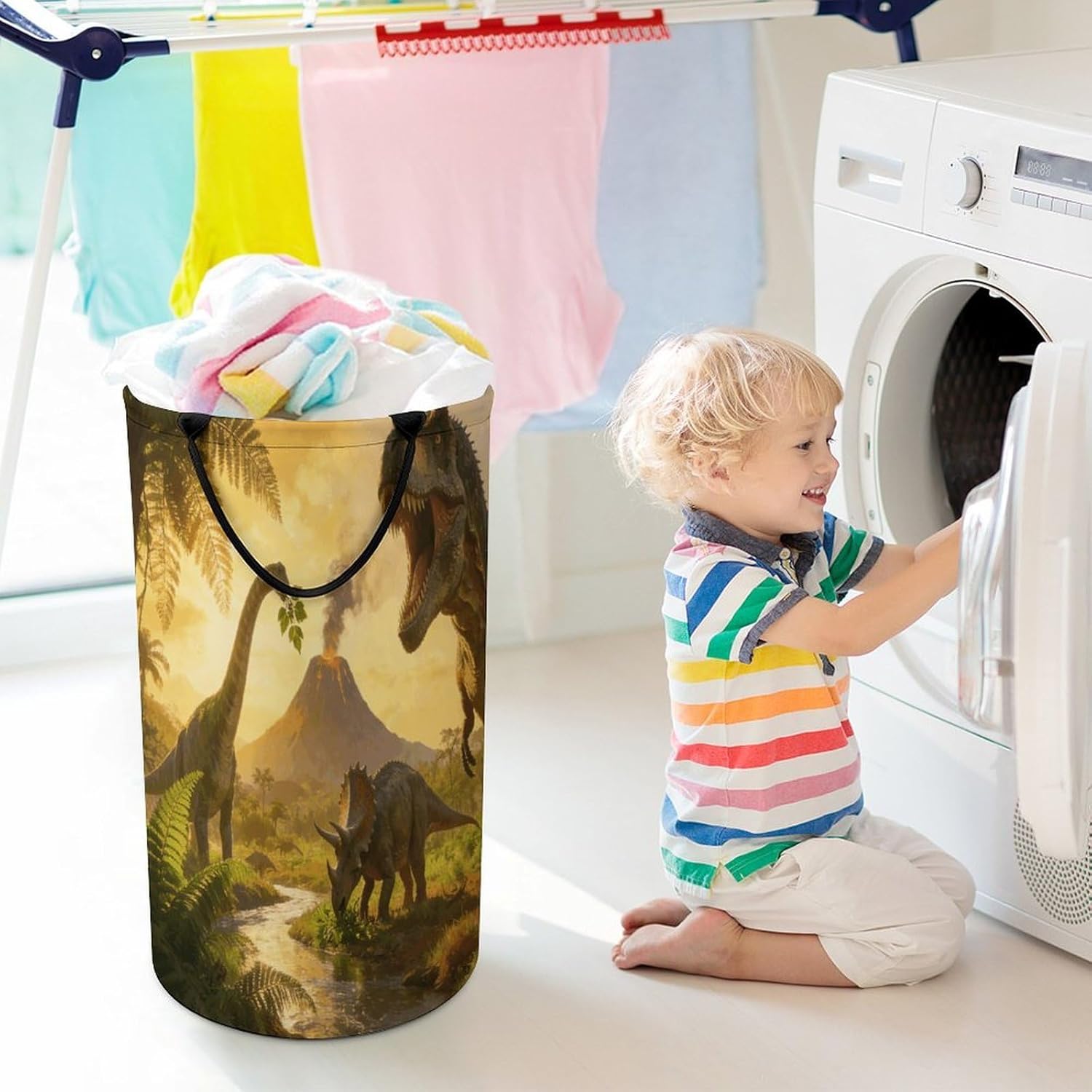 Dinosaur Land Laundry Hamper 86L Waterproof Collapsible Clothes Basket with Double Handles Freestanding Foldable Laundry Basket Large Clothes Hamper for Bathroom