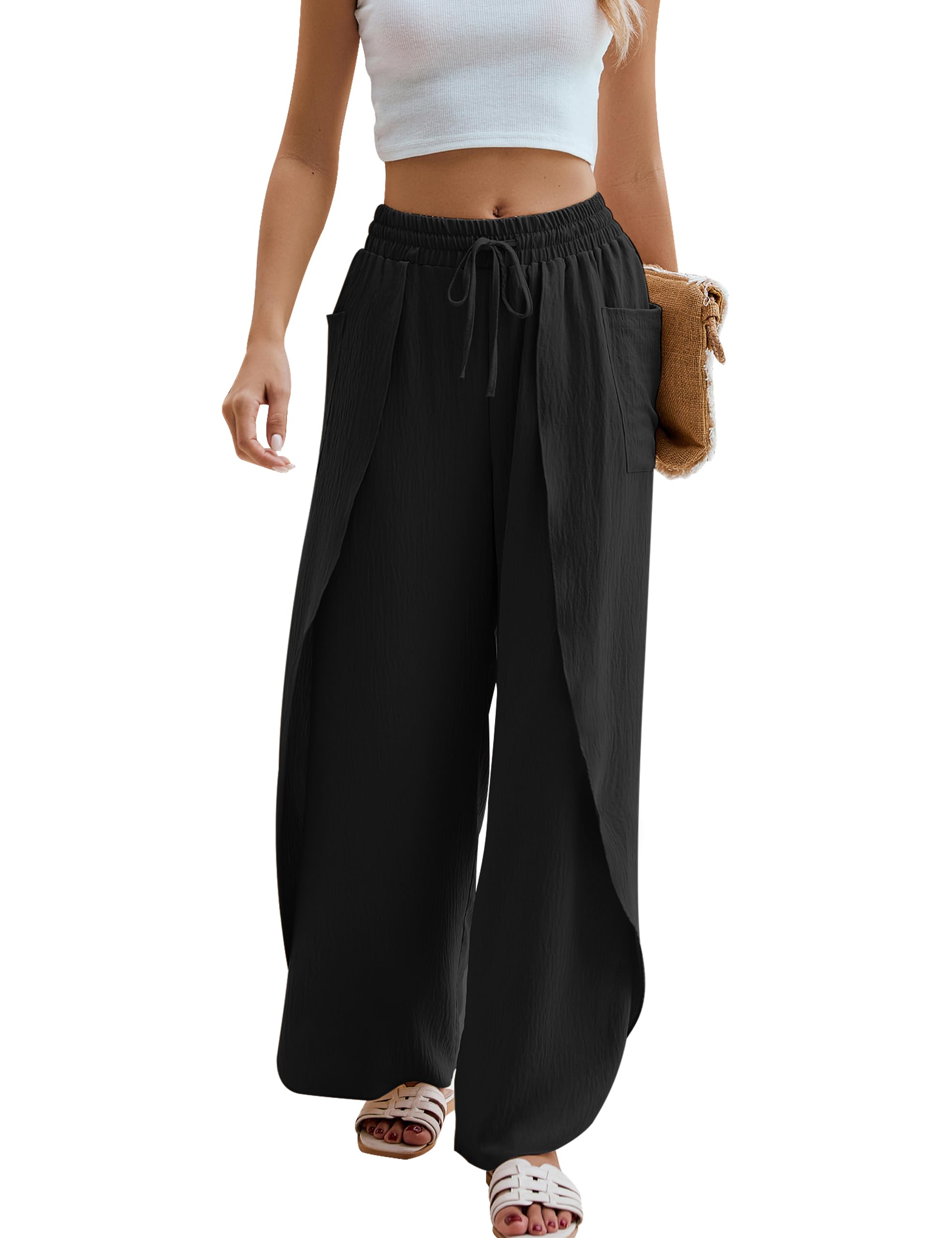 BMJL Pantaloni da spiaggia da donna in stile bohémien, pantaloni estivi a palazzo, a vita alta, con spacco laterale e gamba larga, per vacanze e viaggi