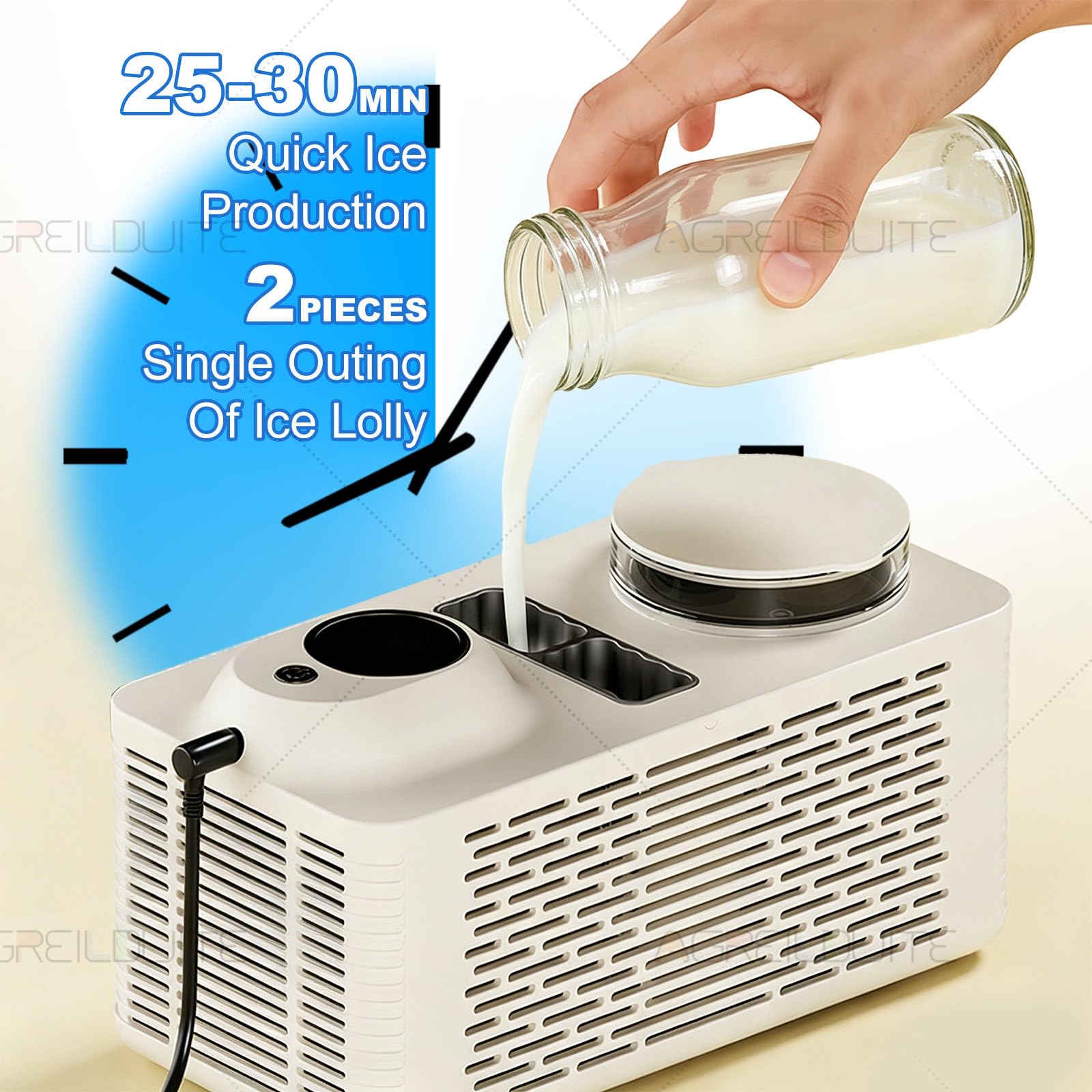 Mini máquina de hielo portátil — Fabricador de hielo de 12 V con función rápida de preparación de paletas en 30 minutos y doble fuente de alimentación; ideal para el hogar y el automóvil. Off-White